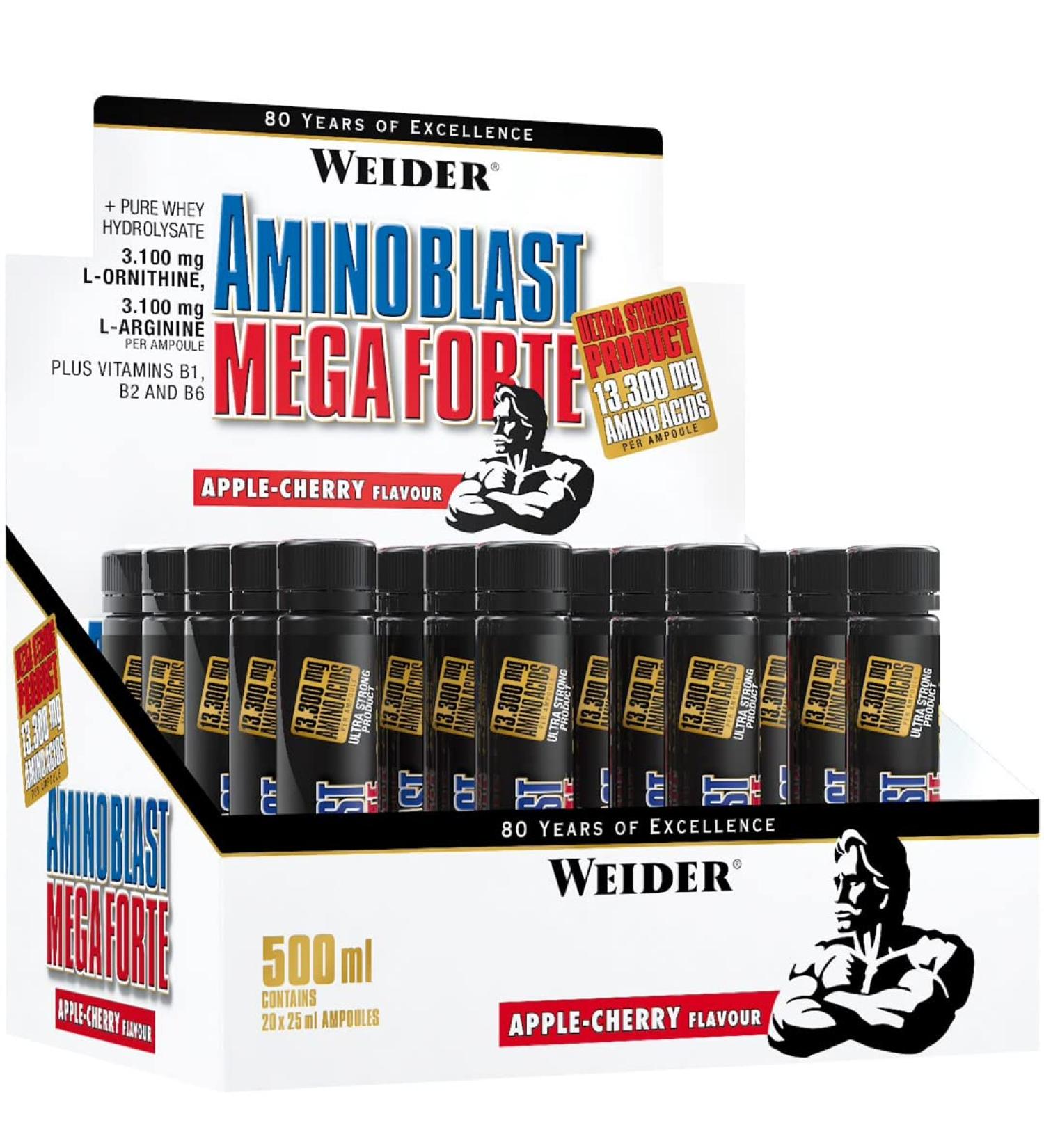 Weider Amino Blast Mega Forte Amino acids high-dose practical amino acids ampoules more than 13 g amino acids per ampoule with L-arginine amino liquid apple cherry taste 20 ampoules
