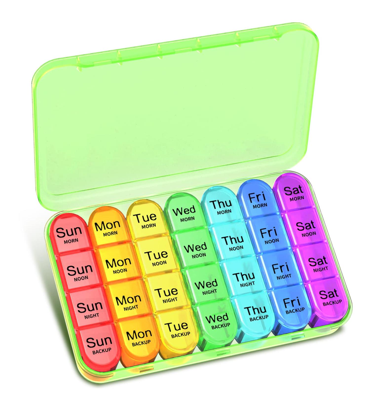 Pill Box 4 Times a Day Betife Weekly Organiser - Green | 7 Day Pill Dispenser with 4 Compartments for Medication, Vitamins & Supplements - Buy Online on GoSupps.com