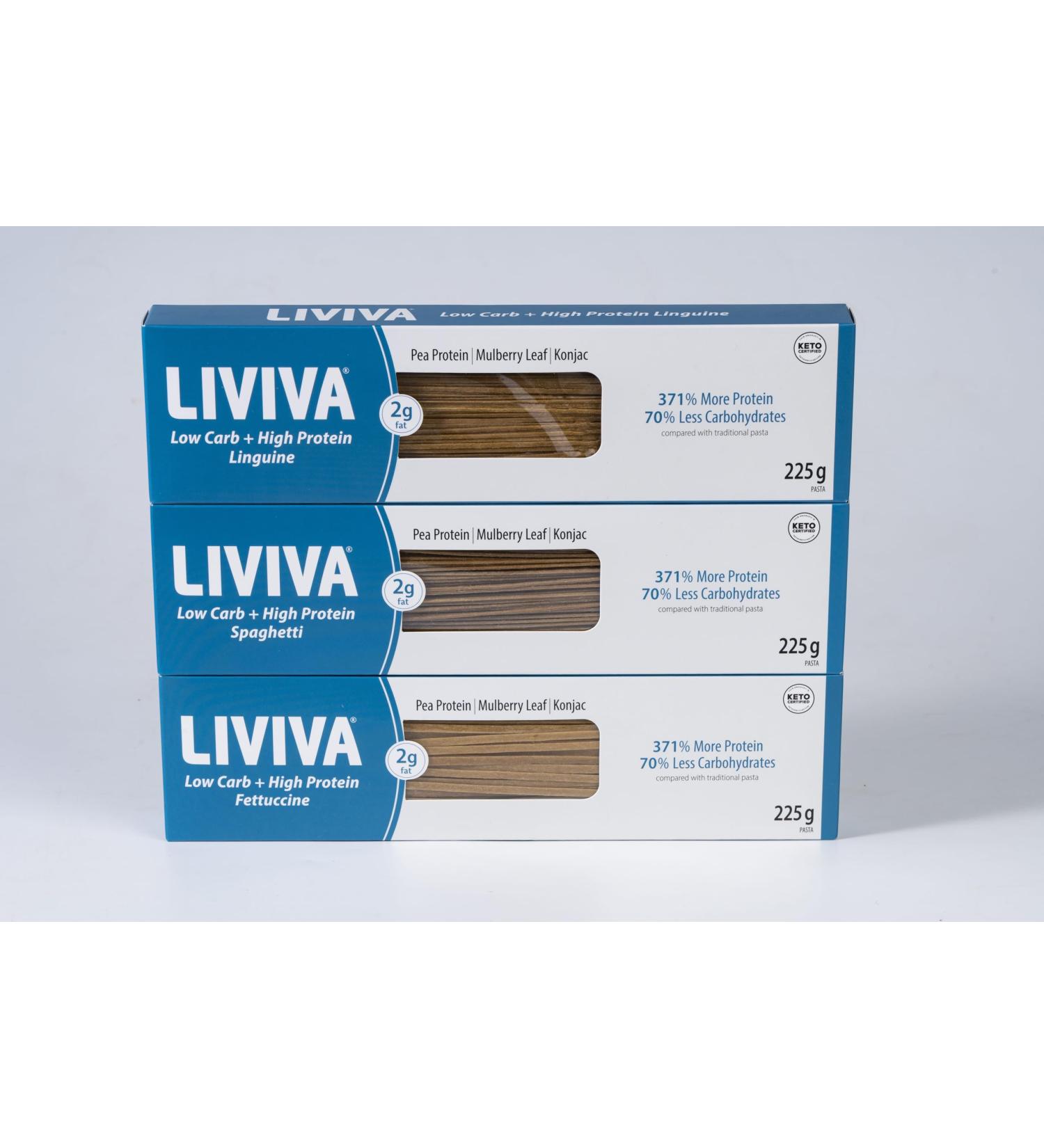 LIVIVA Low Carb High Protein KETO Pasta Trial Pk (1 Linguine 1 Spaghetti 1 Fettuccine) 135 g Protein per Box with Pea Protein & Konjac Flour - 8g Net Carbs Diabetic-Friendly - Ready to Eat in 3 4 mins - Healthy Al Dente Pasta - Buy Online on GoSupps.com