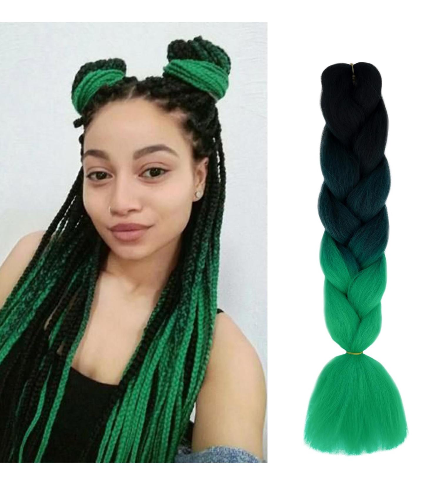 Gairyan Jumbo Braids Extensions - 60cm Ombre Synthetic Braiding Hair (100g) for Box Crochet Braids | Black Dark Green Green - Buy Online on GoSupps.com