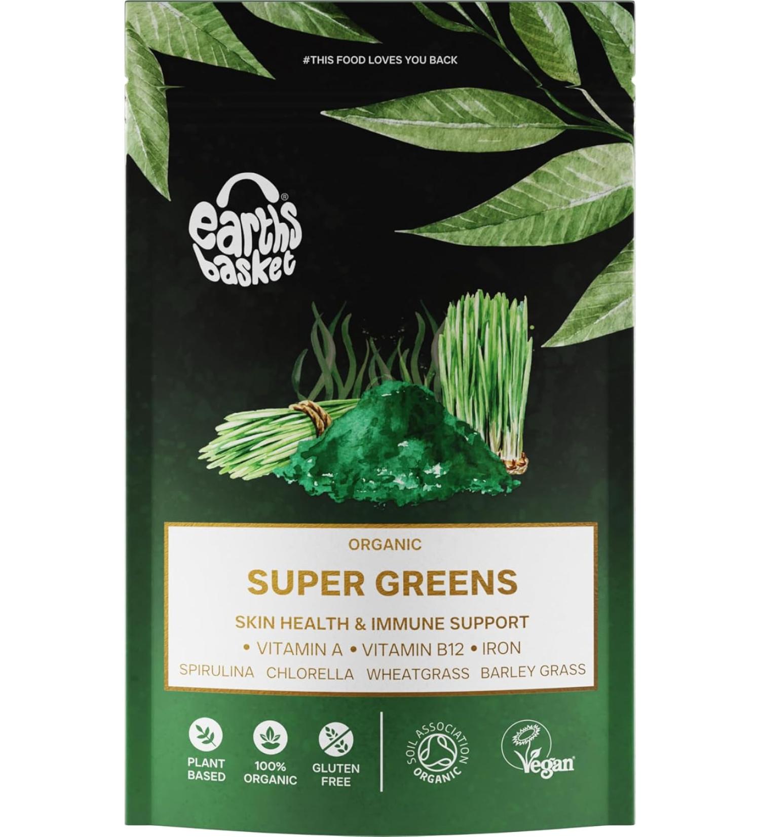 Earth's Basket Organic Super Greens Powder 100g - Spirulina, Chlorella, Wheatgrass & Barley Grass Blend - Rich in Vitamin A, B12 & Iron - Buy Online on GoSupps.com