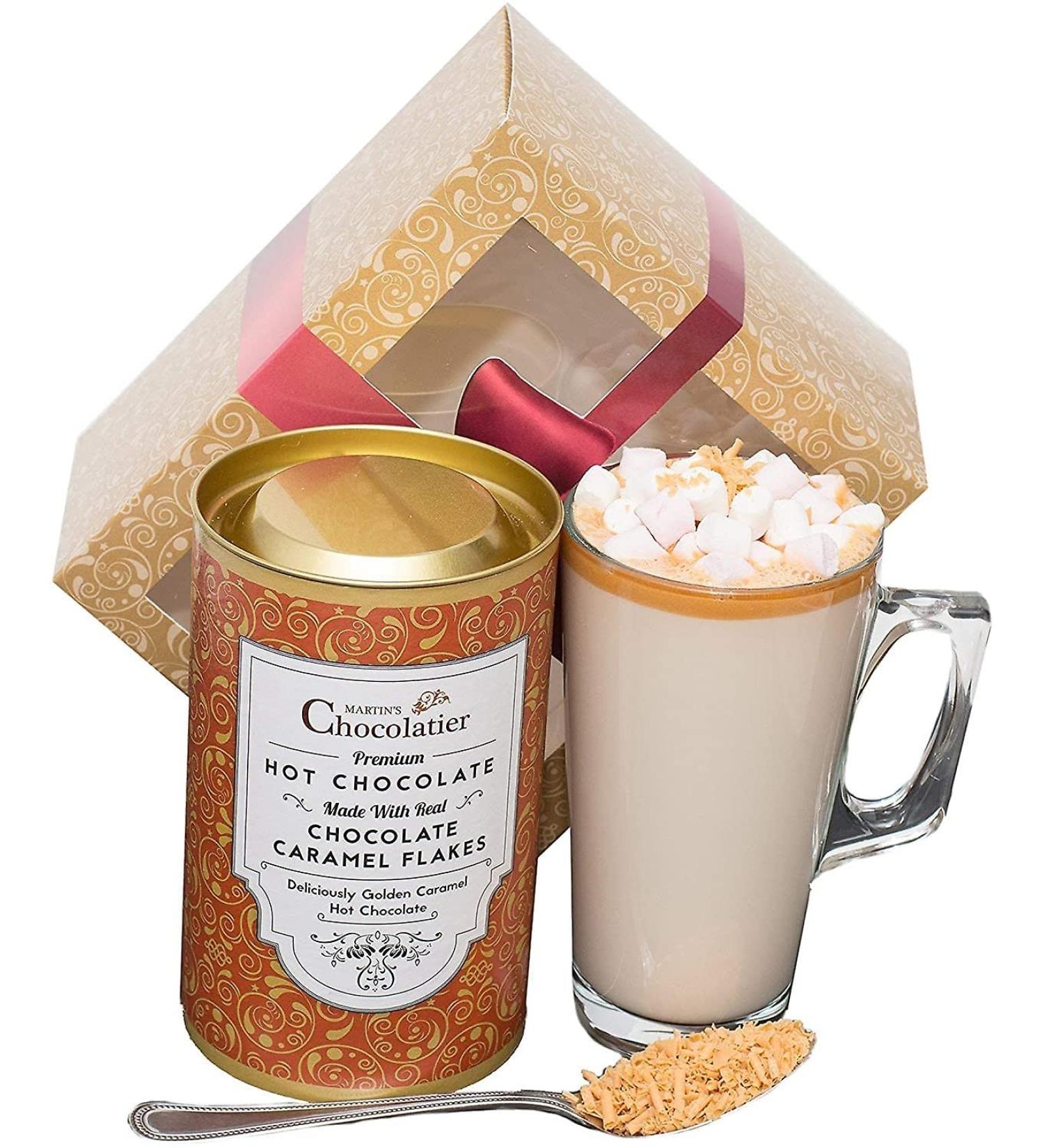 Martins Chocolatier Hot Chocolate Gift Set (Caramel) | Drinking Chocolate Made with Belgian Chocolate Shavings | Includes Glass and Marshmallows - Buy Online on GoSupps.com