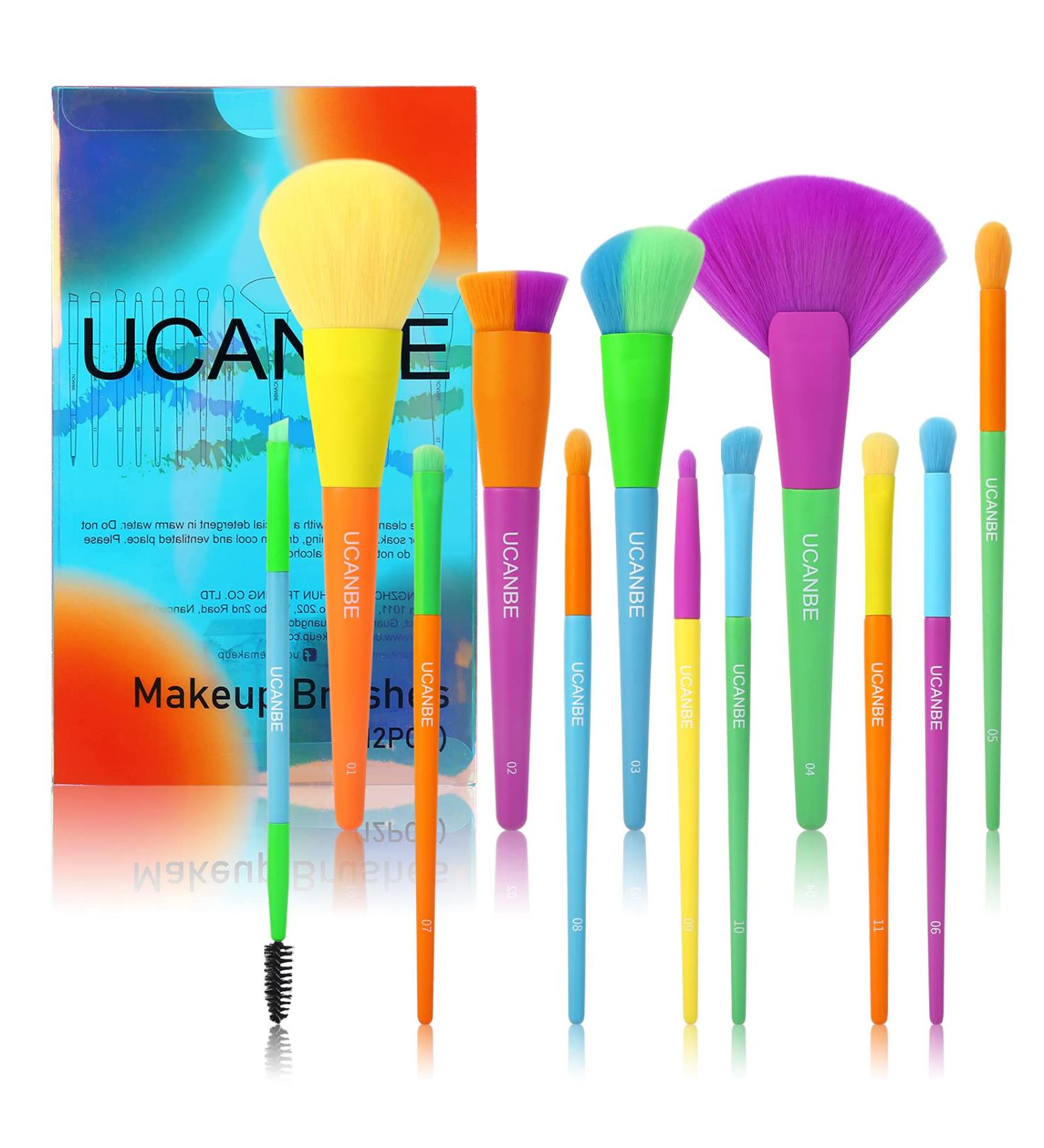UCANBE 12pcs Rainbow Makeup Brushes Set - Premium Synthetic for Face Eyes Shadow, Foundation, Blush, Eyeliner, Eyebrow - Includes Concealer and Cream Blending - Professional Make Up Brush Kit - Buy Online on GoSupps.com