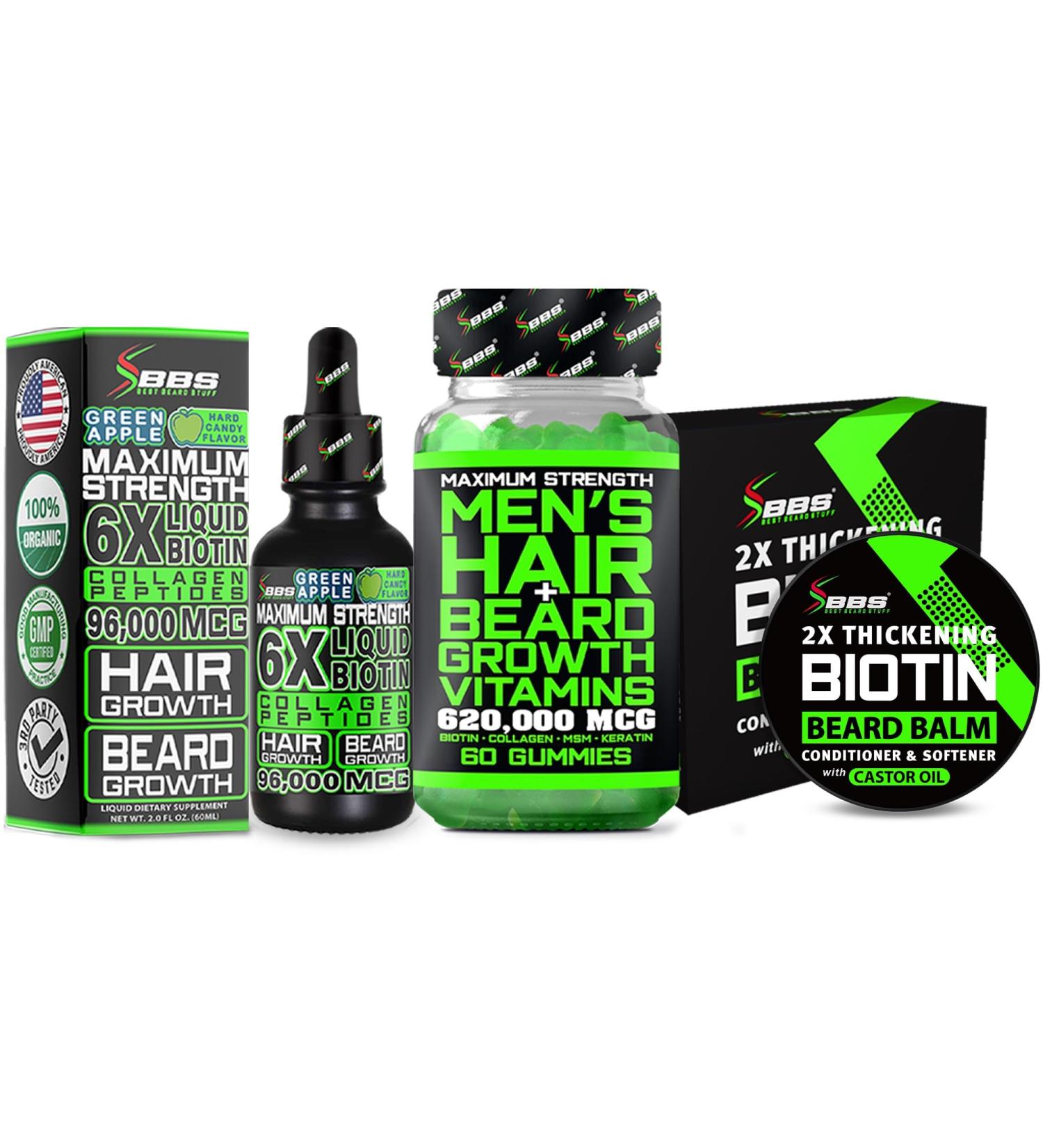 Beard Growth Kit w/Maximum Strength 14-in-1 Beard Growth Vitamins & Hair Vitamins Gummies + 6X Liquid Biotin with Collagen Peptides + 2X Biotin Mustache Wax & Balm for Men - Formulated in America - Buy Online on GoSupps.com