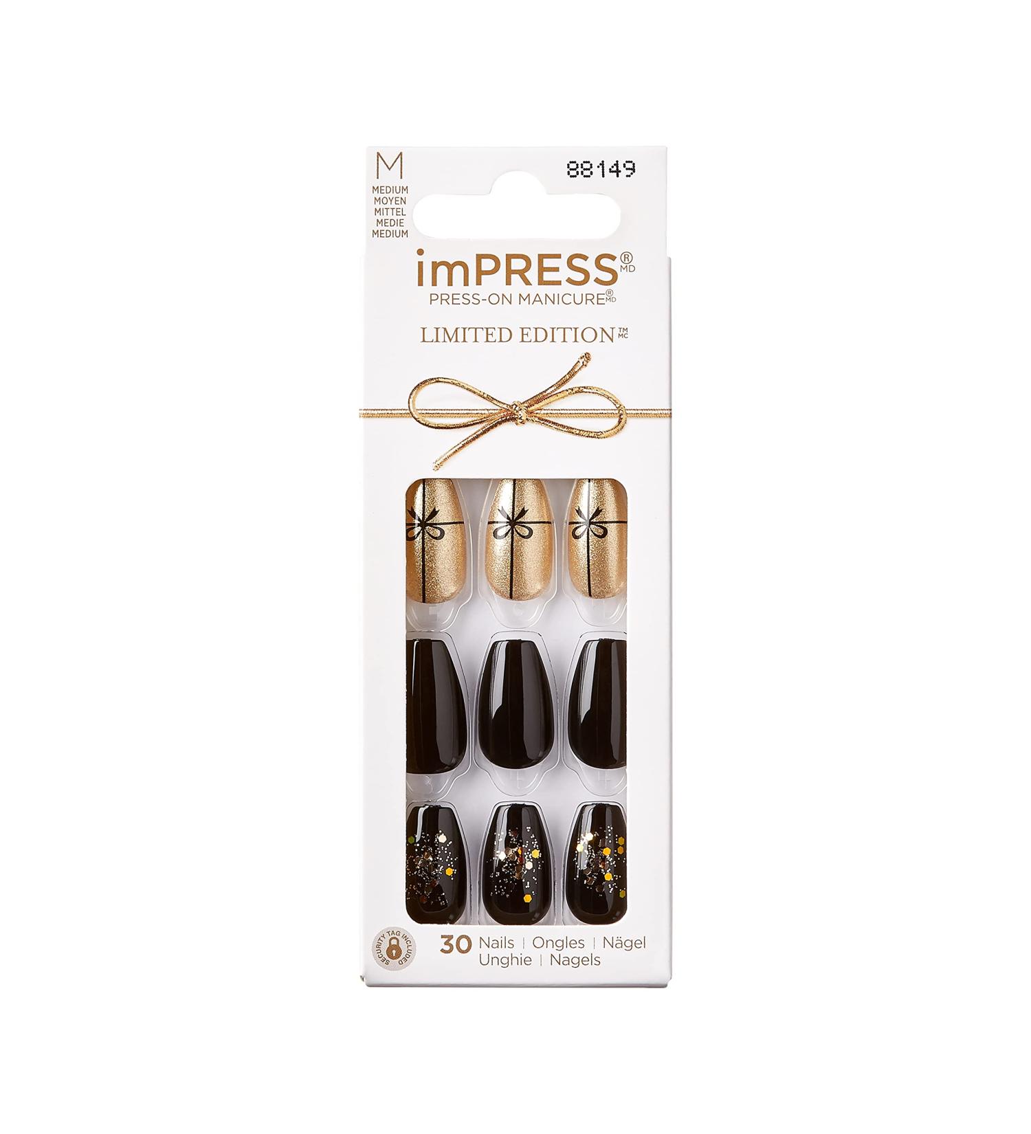 KISS imPRESS Limited Edition Holiday Press-On Manicure | PureFit Technology | Medium Length Coffin Black Nails | Style Naughty or Nice - Shop Now - Buy Online on GoSupps.com