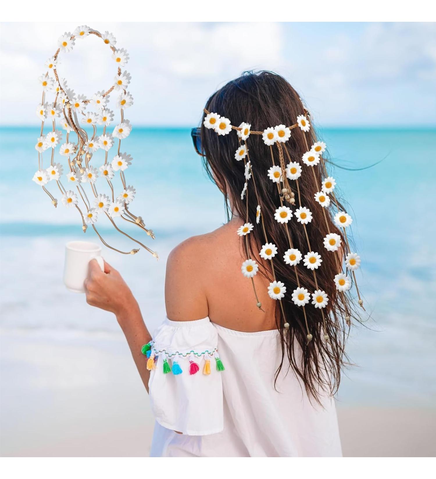 Sunflower Headband Daisy Hair Accessories Flower Crown Sunflowers Hair Beach Boho Hairband Adjustable Tassel Hair Wreath Flowers Hair Bands Women Cosplay Costume (White) - Buy Online on GoSupps.com