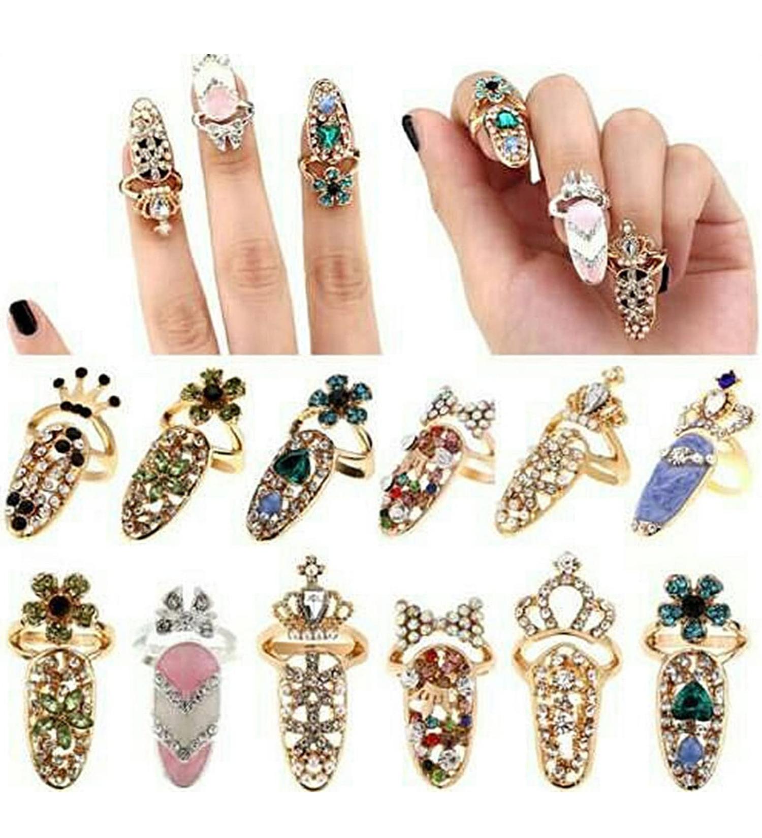 12pcs Women Finger Nail Rings Rhinestone Crystal Nail Cover Ring Nail Art Charm Crown Finger Decoration Rings for Women Girls DIY Nail Decor - Buy Online on GoSupps.com