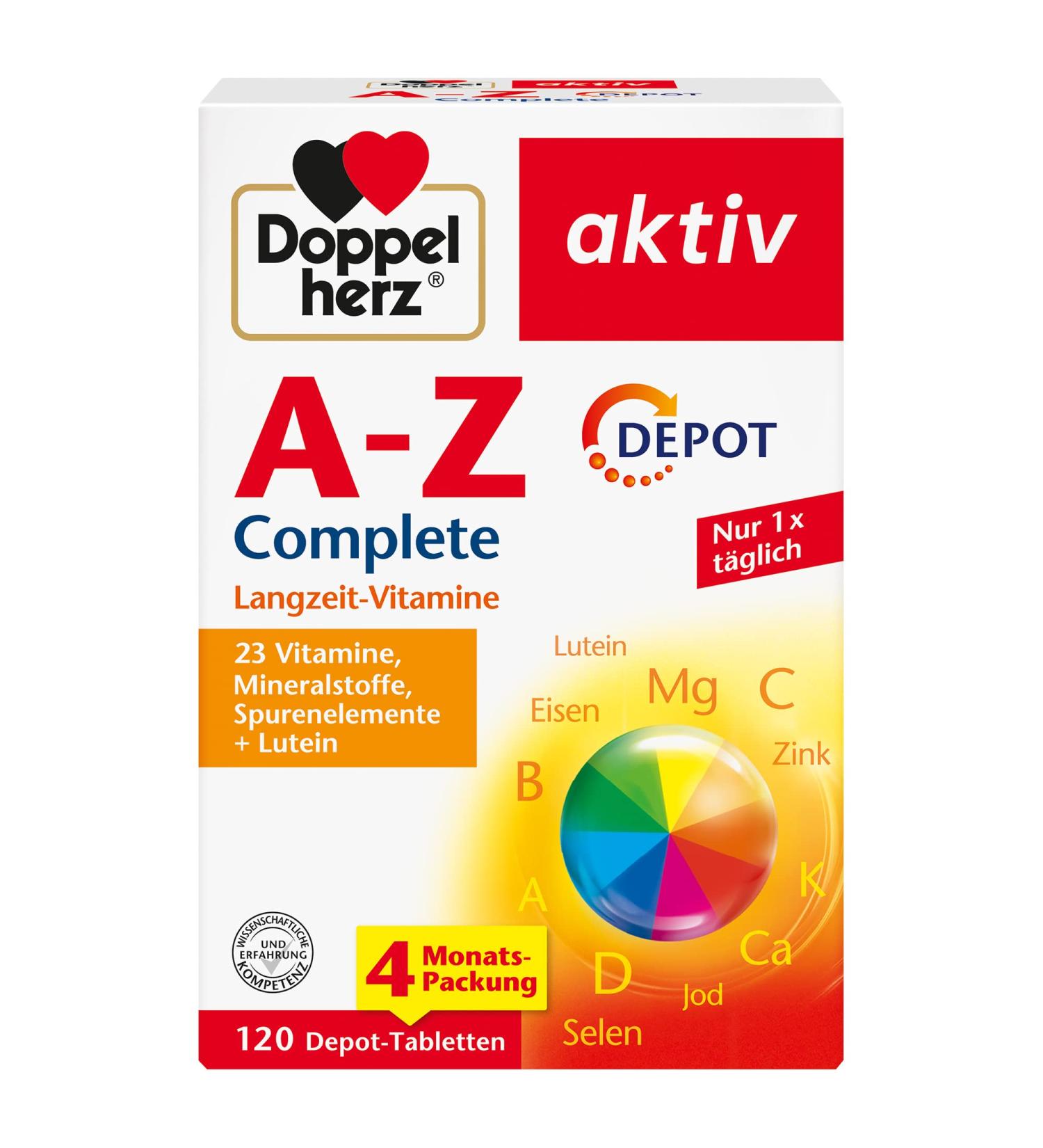 Doppelherz AZ Complete - 23 Essential Vitamins Minerals & Lutein - Long-lasting 120 Depot Tablets for Optimal Health - International Shipping Available - Buy Online on GoSupps.com