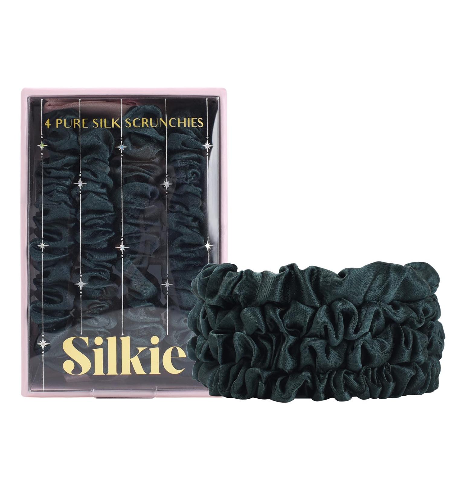 Silkie 4 Set 100% Pure Mulberry Silk Hair Ties - Thin Black Ponytail Holders with Travel Bags | Hair Care Essential for Every Day (Emerald) - Buy Online on GoSupps.com