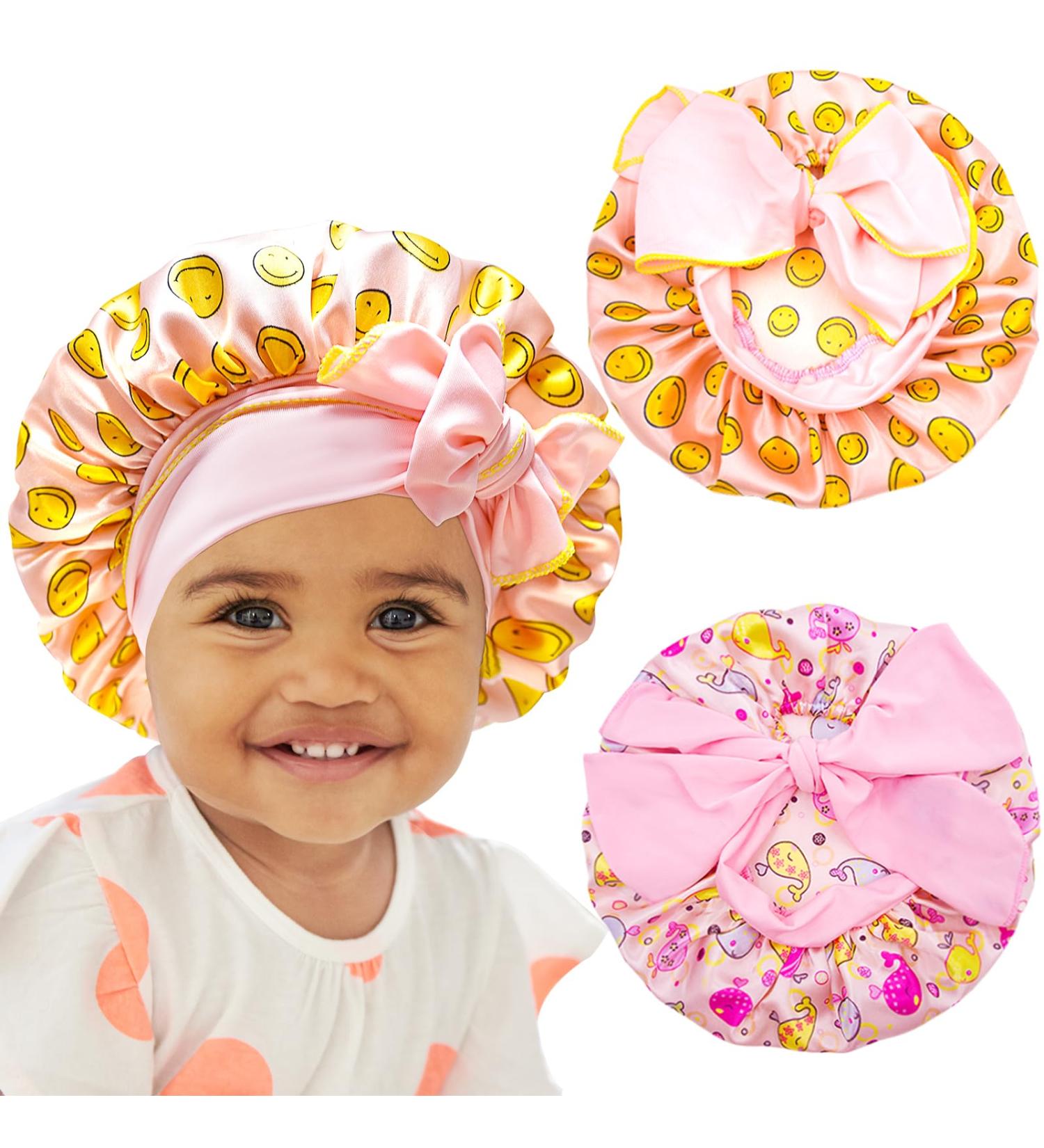 Bonnet Queen 2 Pcs Satin Silk Baby Night Hair Care - Adjustable Curly Hair Protection for 0-36 Months - Smooth & Breathable - Yellow & Pink - Buy Online on GoSupps.com