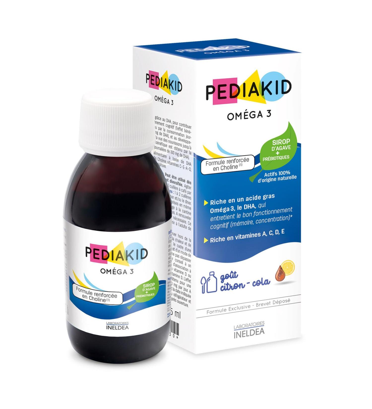 PEDIAKID - Omega 3 - Natural Dietary Supplement - Exclusive Agave Syrup Formula - Rich in DHA - Promotes Good Brain Function - Lemon Cola Flavor - 125ml Bottle - Buy Online on GoSupps.com
