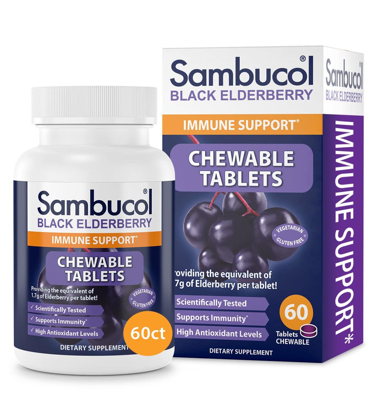 Sambucol Black Elderberry Chewable Tablets with Vitamin C - 60 Count | Immune Support for Kids & Adults | Gluten-Free & Vegan - Buy Online on GoSupps.com