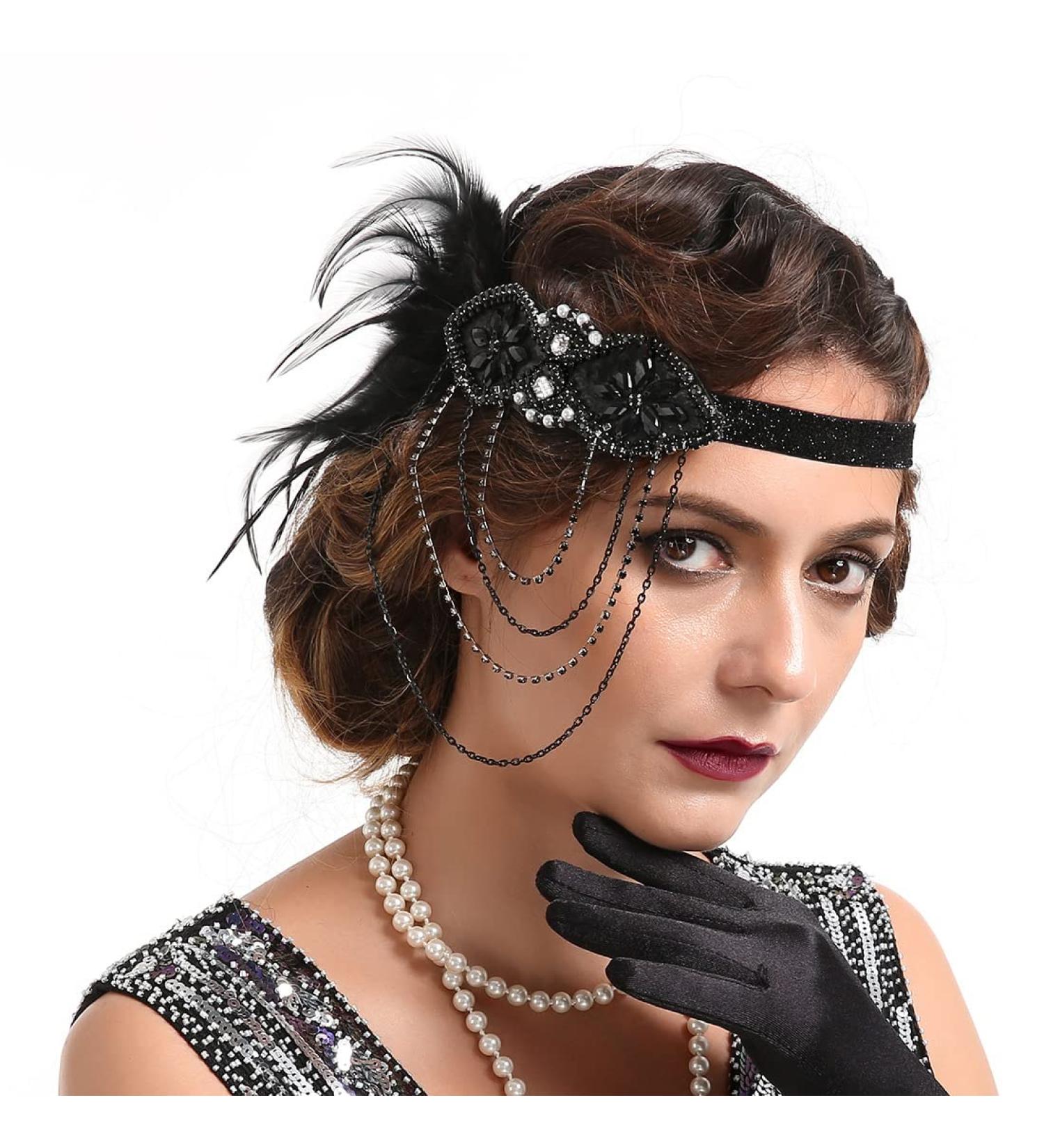 Women Vintage Feather Crystal Tassel Headband for Gatsby Costume Prom Theme Party Cocktail Wedding Hair Accessories - Buy Online on GoSupps.com