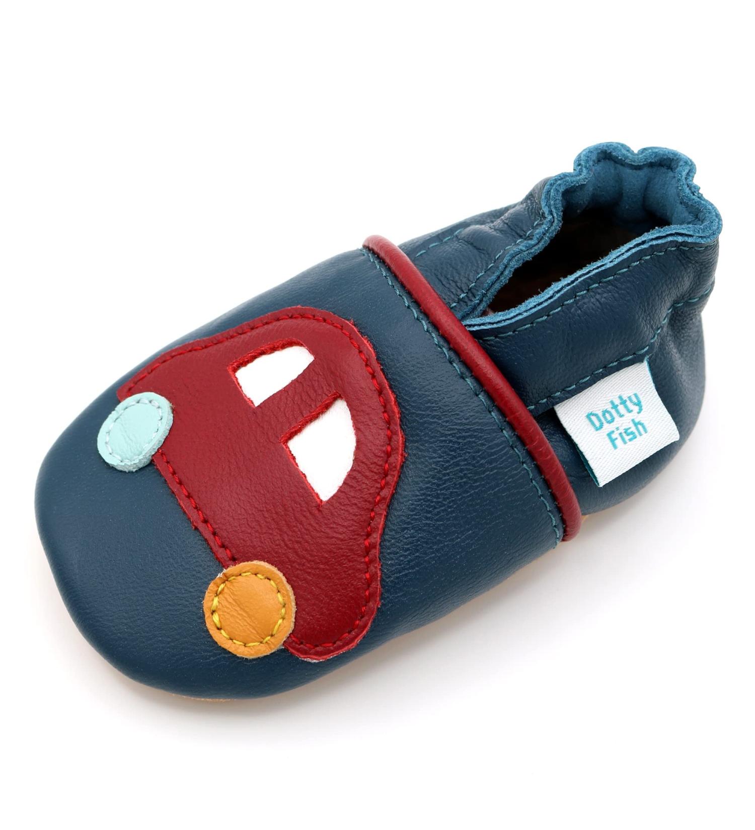 Dotty Fish Navy Cars Soft Leather Toddler Shoes | Non-Slip Suede Soles | 0-6 Months to 4-5 Years - Buy Online on GoSupps.com