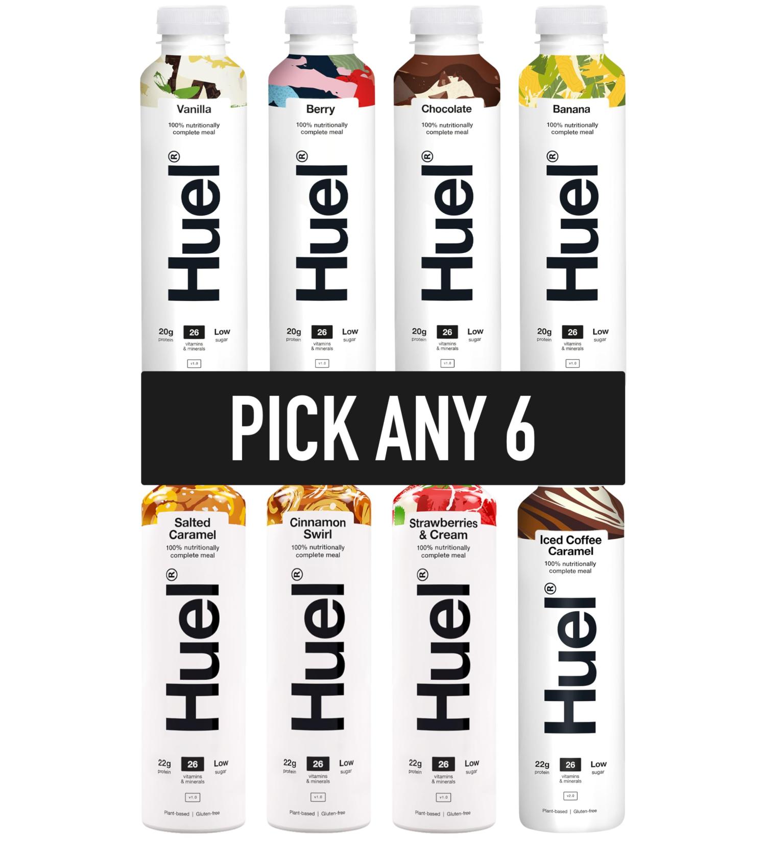 HUEL Ready-to Drink - 500ml - Pick any 6 Bottles - Choose from 8 Flavours - Banana Berry Chocolate Cinnamon Swirl Iced Coffee Caramel Salted Caramel Strawberries & Cream Vanilla - Buy Online on GoSupps.com