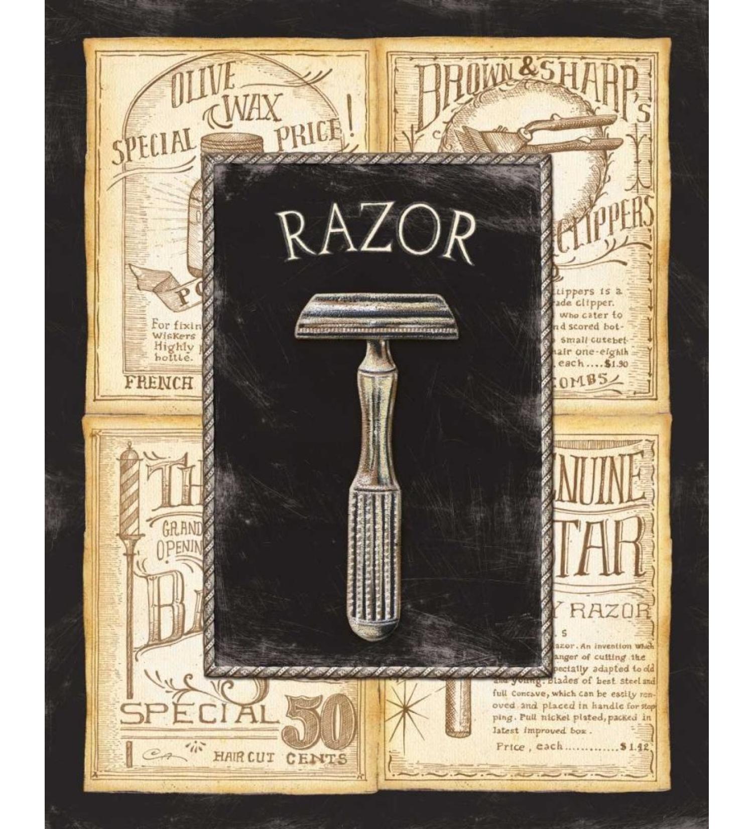 Art Print on Paper 220G | Grooming Razor Vintage Wall Art by Audrey Charlene | Black Brown Bathroom Decor | 21x16 in | Men's Care - Buy Online on GoSupps.com