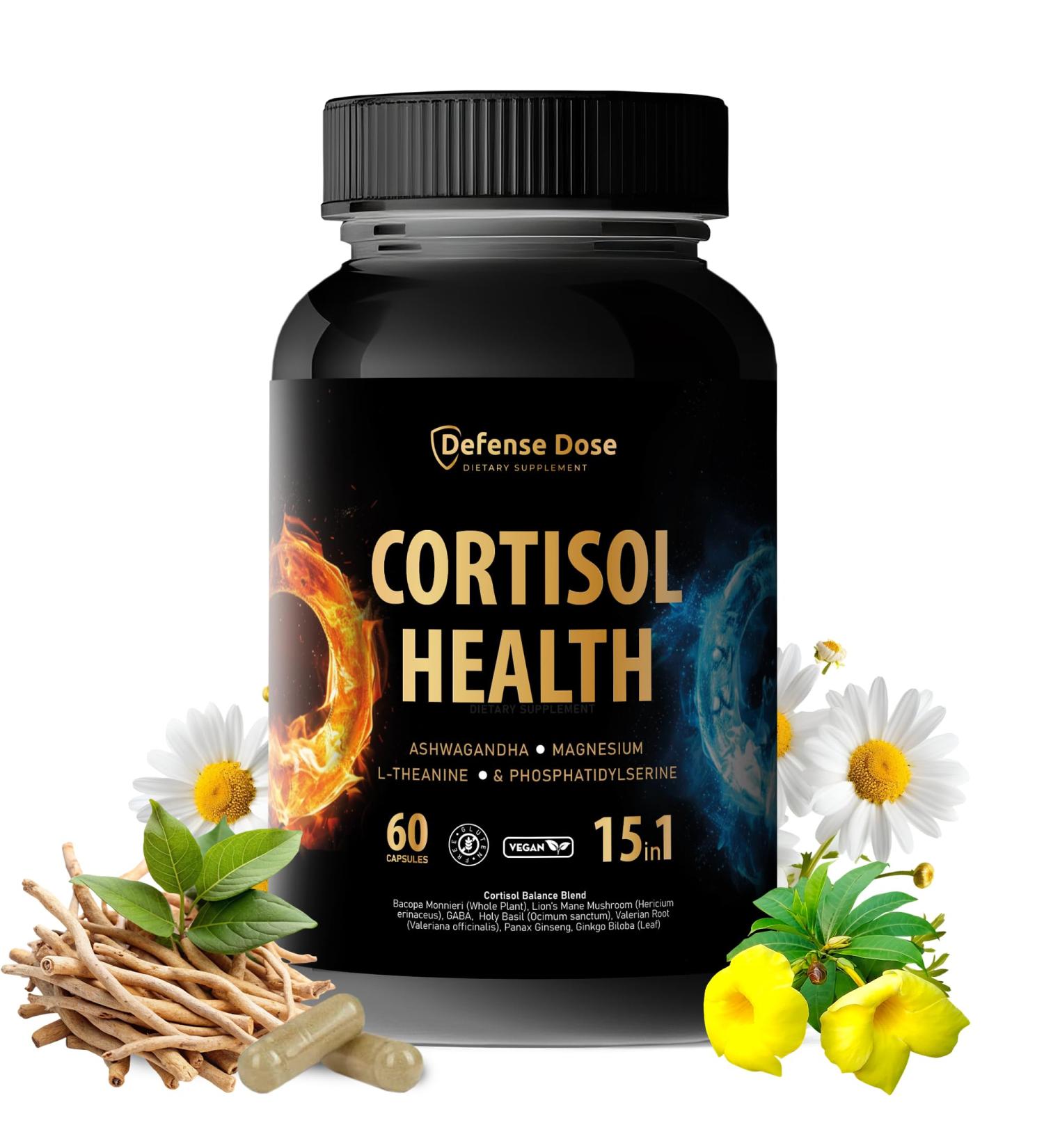 15 in 1 Cortisol Supplement for Women Men - Reduce Lower Control Cortisol - High Cortisol Reducer Blocker - Support Stress Mood Rest Adrenal Calm Relax w Ashwagandha L-Theanine Magnesium 60 Count (Pack of 1) - Buy Online on GoSupps.com