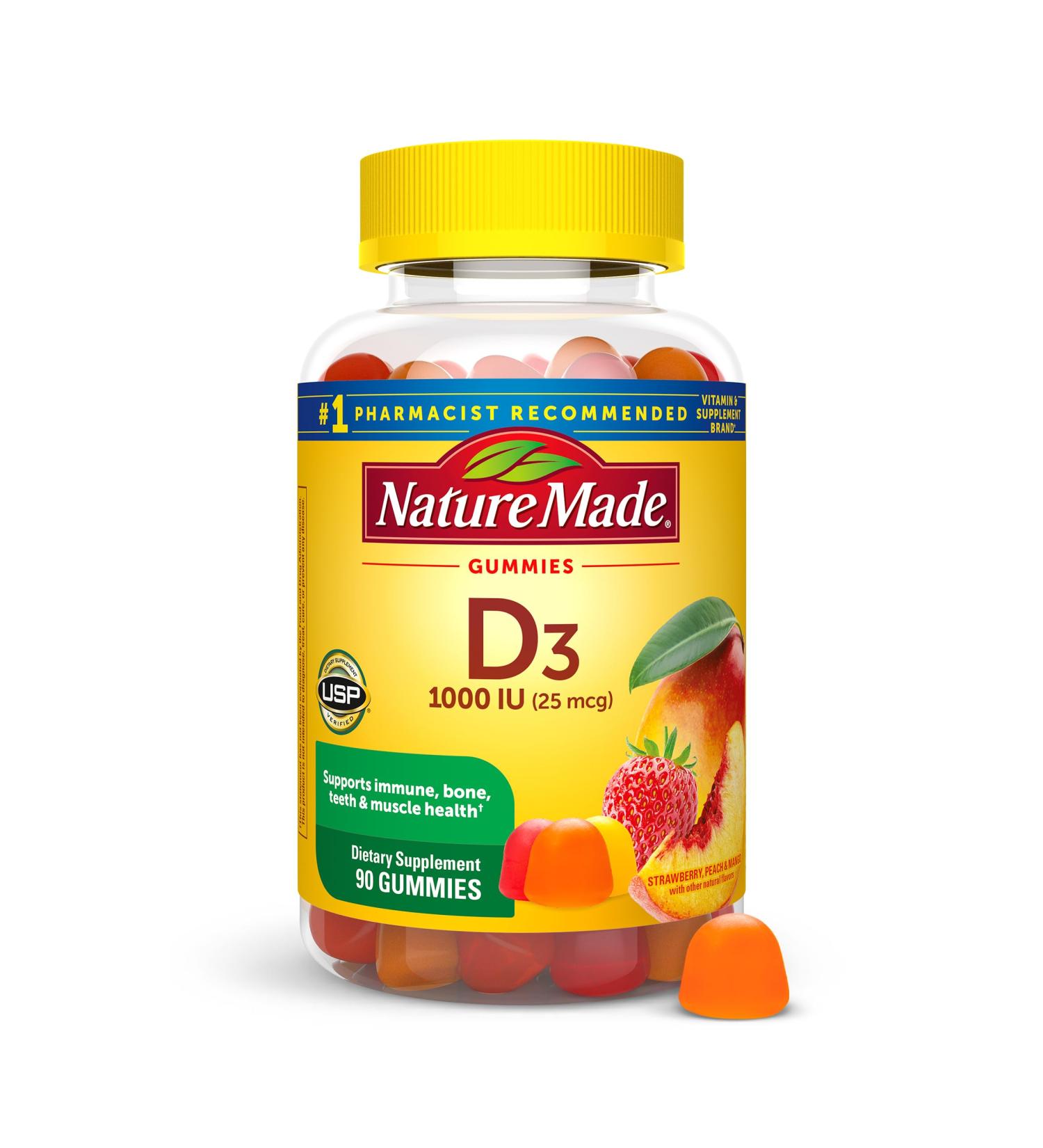 Nature Made Vitamin D3 1000 IU Gummies, Bone, Teeth, Muscle and Immune Health Support, 90 Day Supply, 90 Vitamin D Gummies for Adults - Buy Online on GoSupps.com