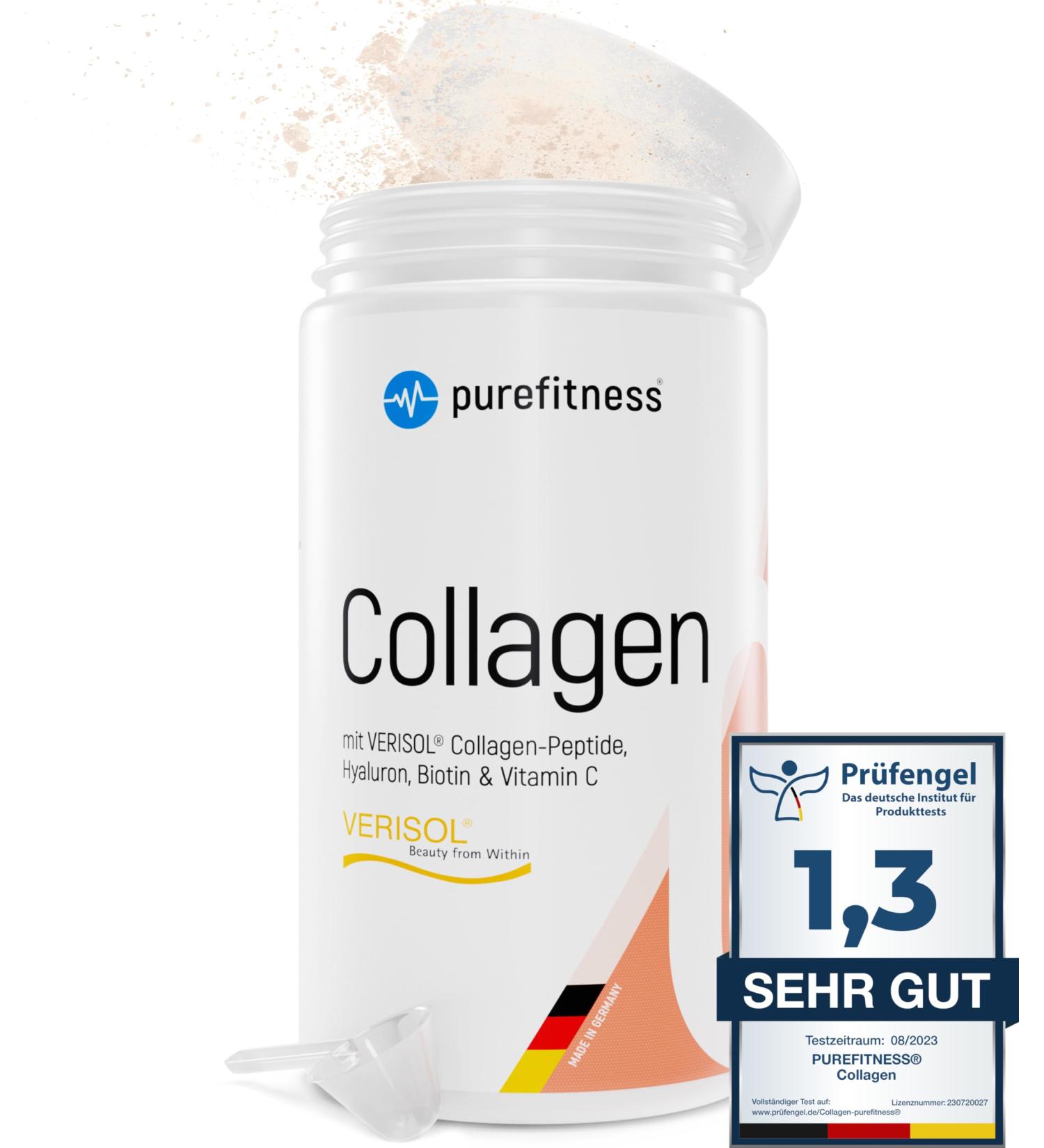 PureFitness Verisol Collagen Powder 450G - Beauty Formula with Hyaluronic Acid Biotin & Vitamin C | Patented Collagen Peptides for Glowing Skin - Buy Online on GoSupps.com