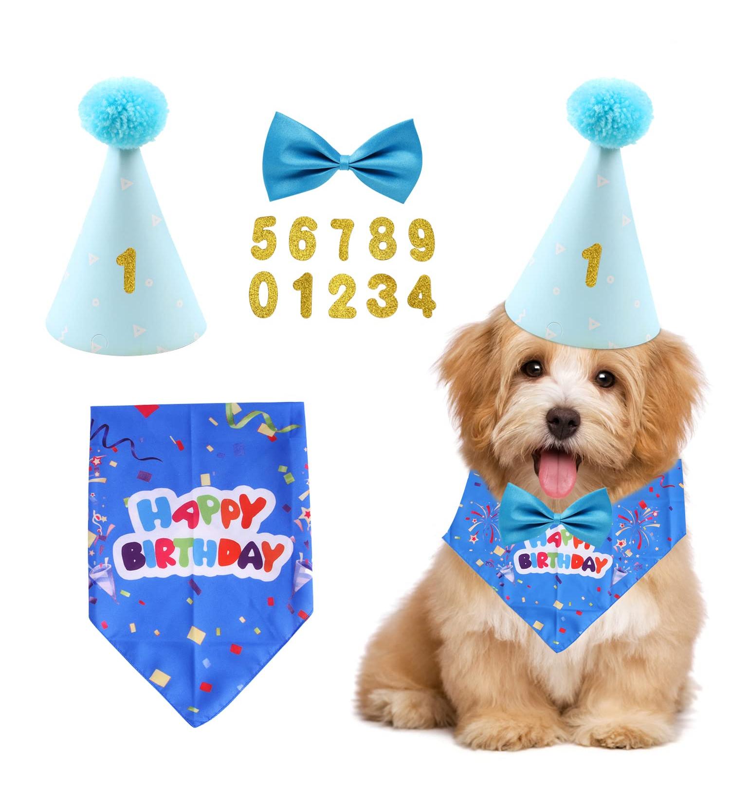 4-Piece Set Pet Birthday Party Supplies Dog Triangle Scarf Birthday Hat Dog Bow Tie Gold Powder Digital Patch Pet Party Celebration Decor for Small Medium Large Pets (Blue) - Buy Online on GoSupps.com