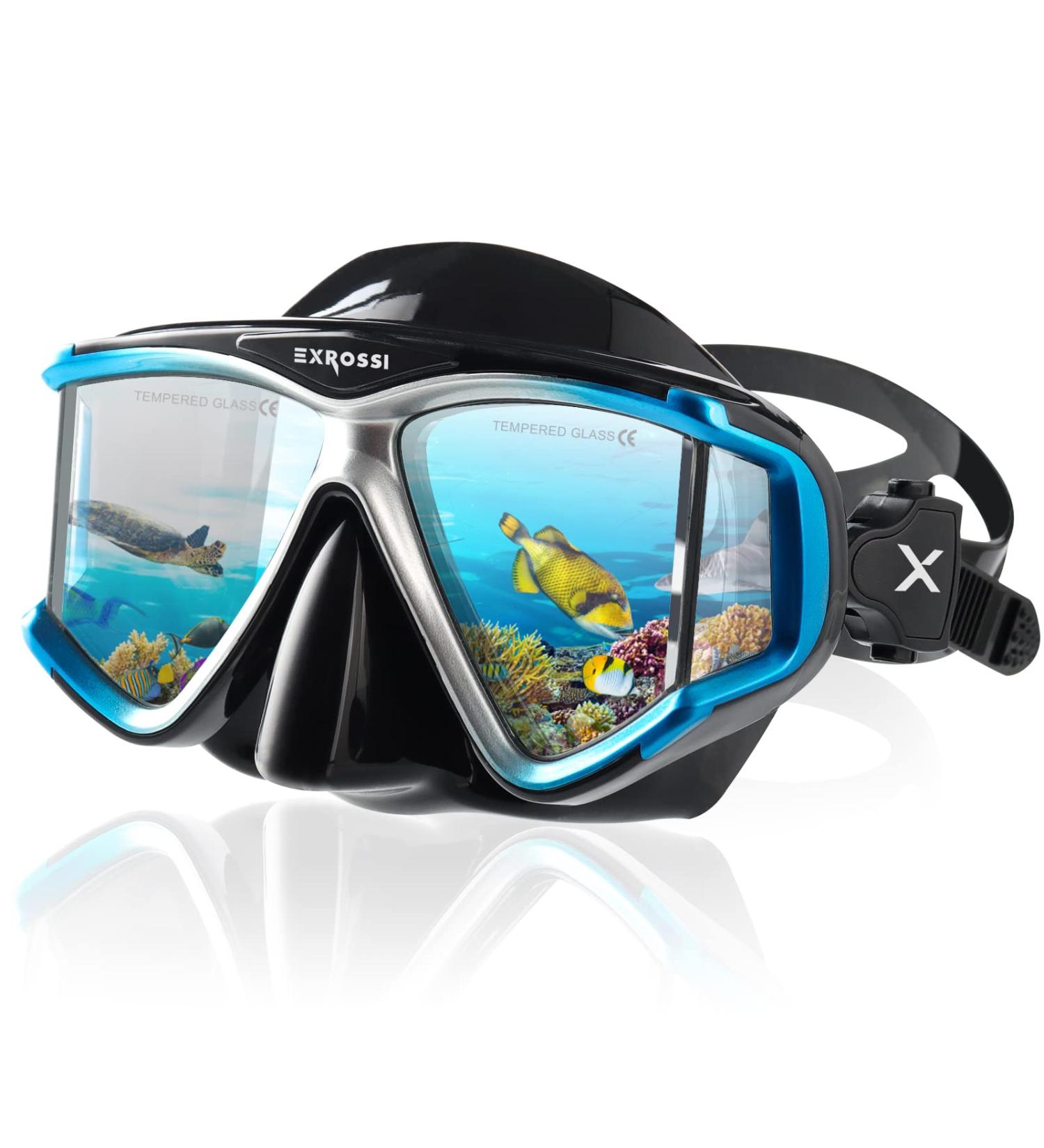 EXROSSI Scuba Diving Mask: Panoramic 4-Lens Tempered Glass Snorkel Mask with Nose Cover - Anti-Fog Goggles for Adults & Youth - Blue - Buy Online on GoSupps.com