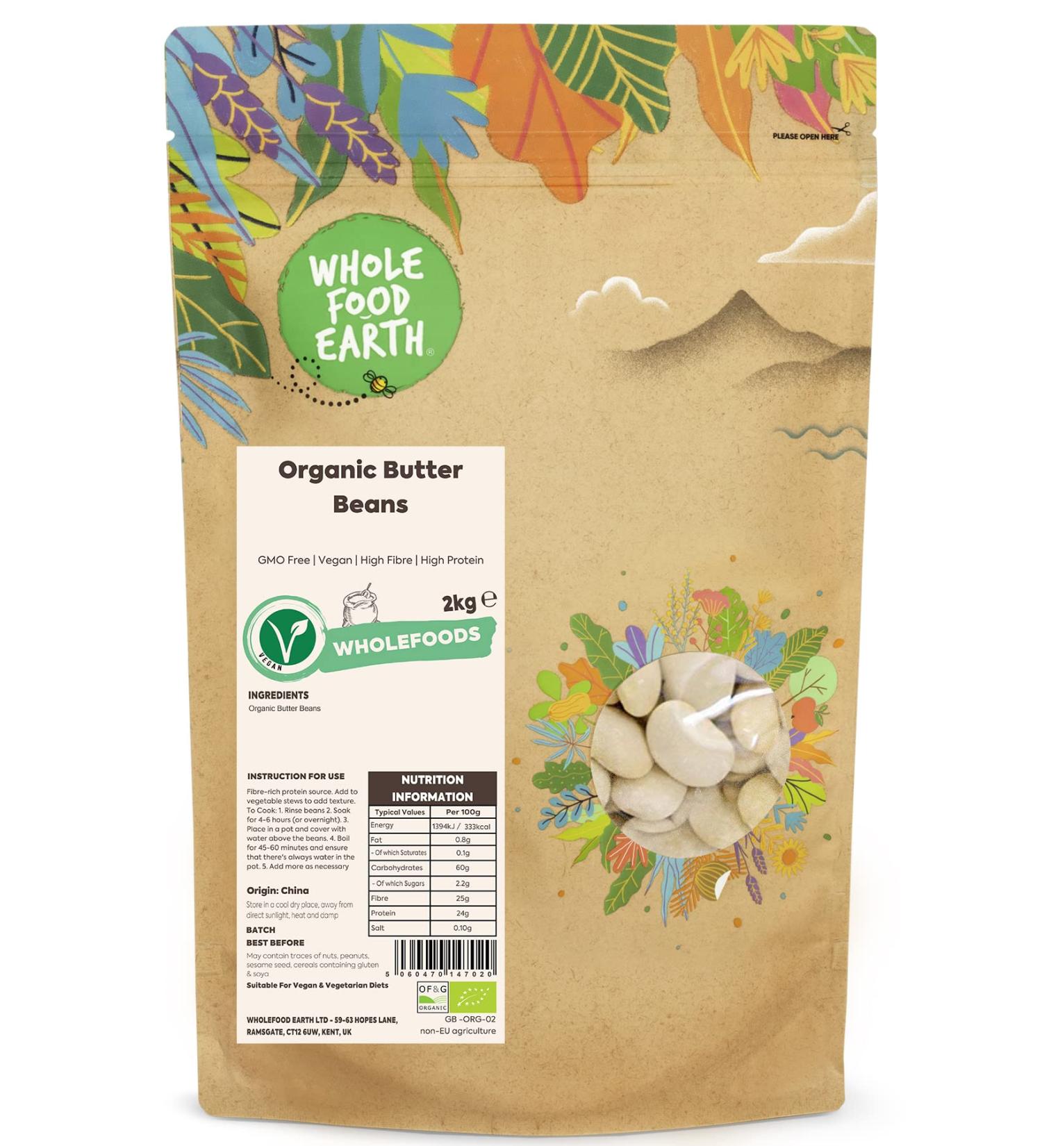 Organic Butter Beans 2kg - GMO Free, Vegan, High Fibre & Protein | Certified Organic by Wholefood Earth - Buy Online on GoSupps.com