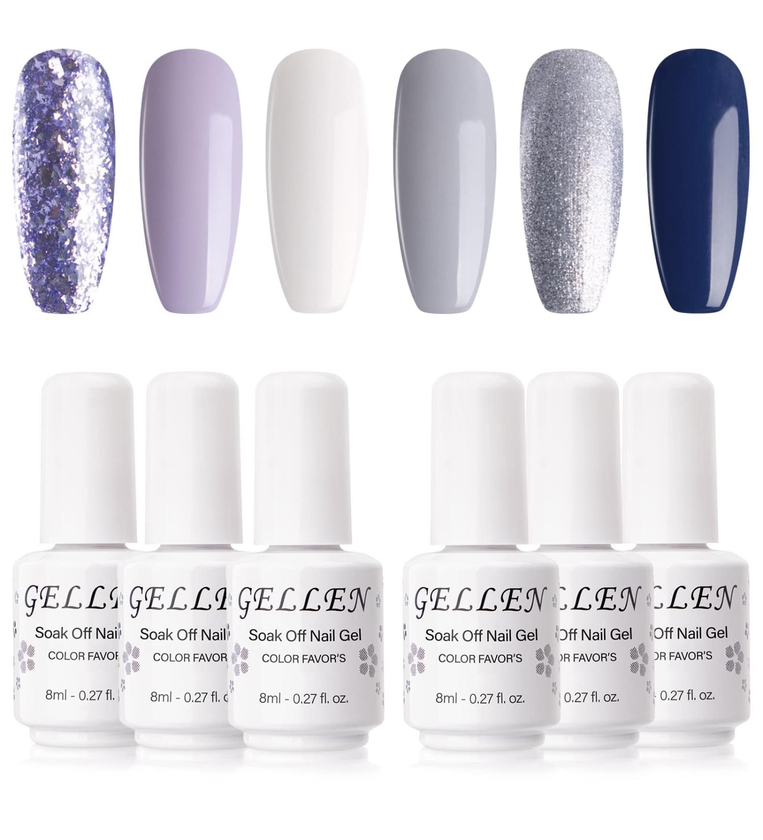 Gellen Gel Nail Polish Kit - Soft Lavender, Grays, White, Midnight Blue - 6 Colors, Metallic Glitters - Salon/Home Gel Manicure Set - Buy Online on GoSupps.com