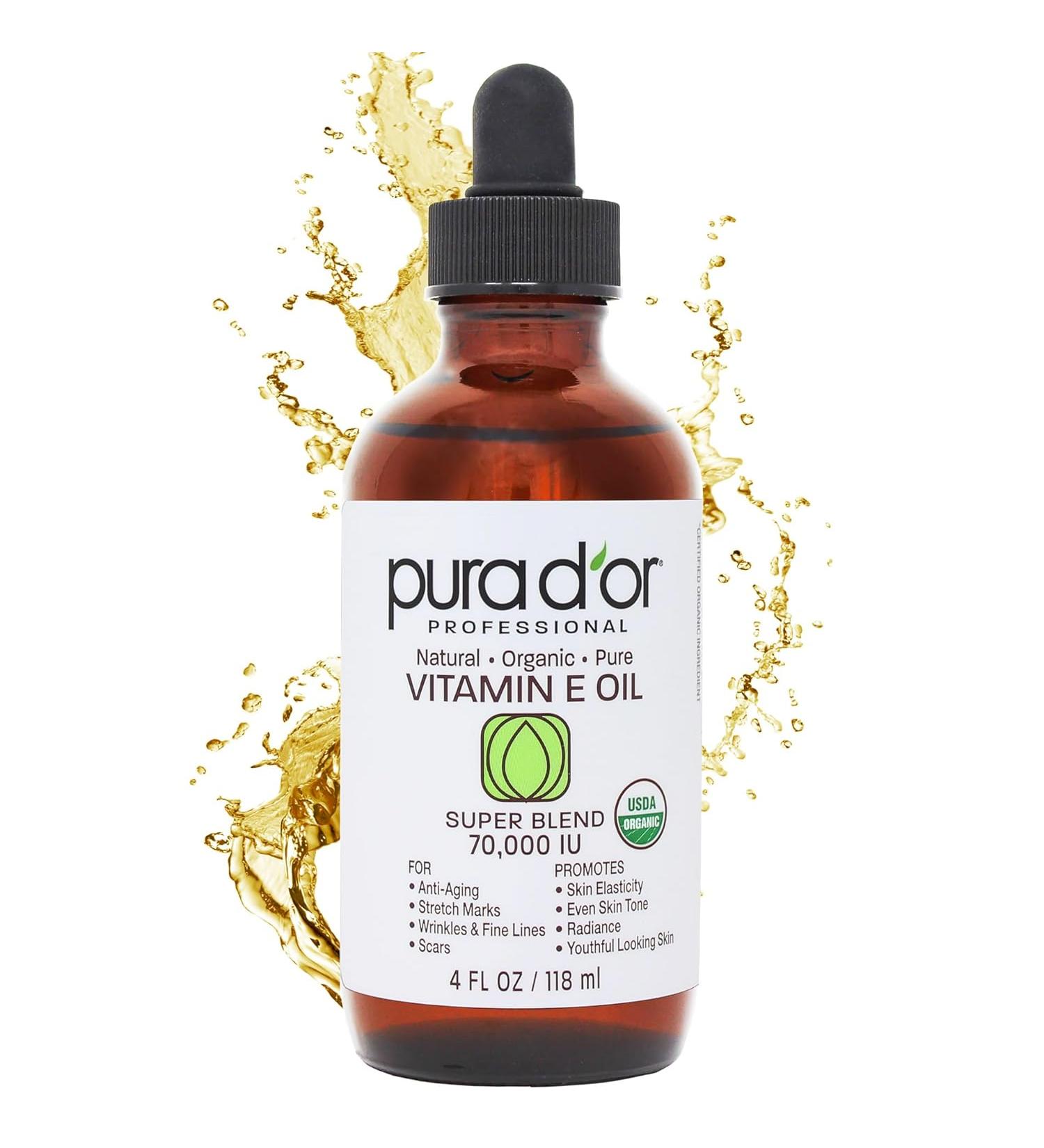 PURA D'OR 4 Oz Organic Vitamin E Oil Blend 70,000 IU - Hexane Free with Sweet Almond, Apricot, Jojoba, Argan, Rosehip, Sunflower & Avocado - Bath Oil for Scars, Skin, Face & Body - Buy Online on GoSupps.com