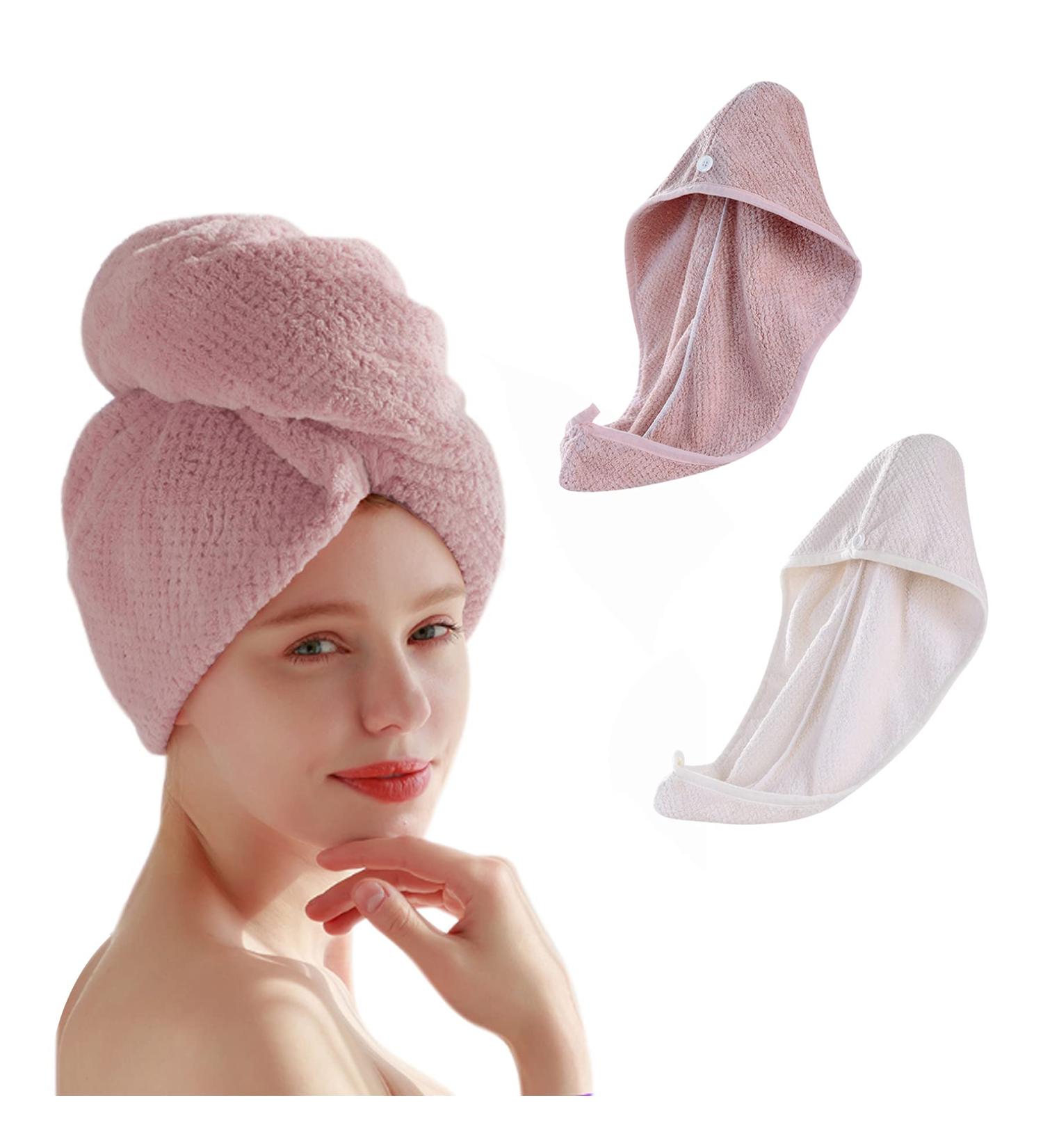 Lyydan 2-Piece Hair Turban Set - Ultra-Absorbent Microfiber Towels in Beige & Pink | Thick Coral Fleece for Long Hair - Buy Online on GoSupps.com
