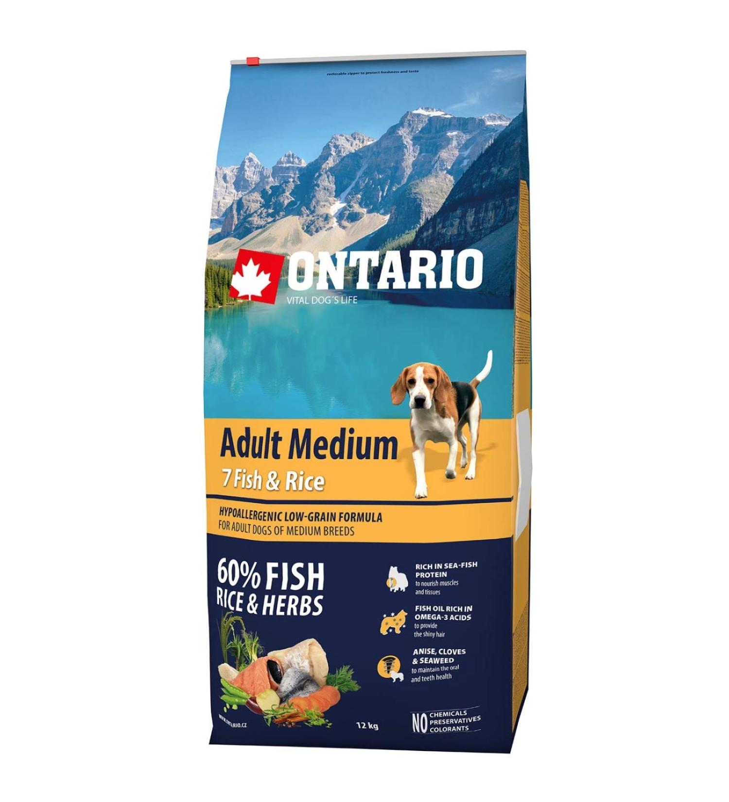 ONTARIO Adult Dog Food Medium Breeds - Fish & Rice - 12 kg