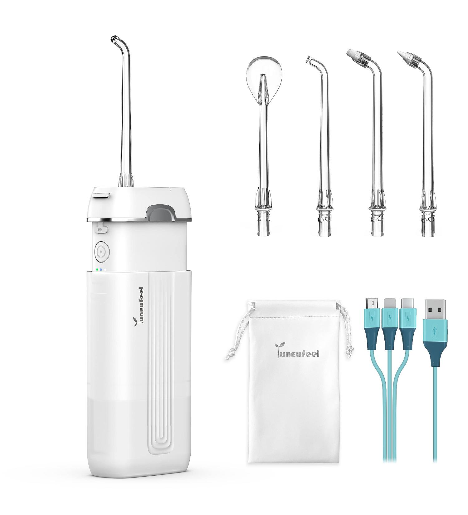 YUNERFEEL Cordless Water Flosser with Telescopic Tank | Rechargeable & Portable Oral Irrigator - IPX8 Waterproof, 3 Modes for Teeth, Braces & Bridges - White - Buy Online on GoSupps.com
