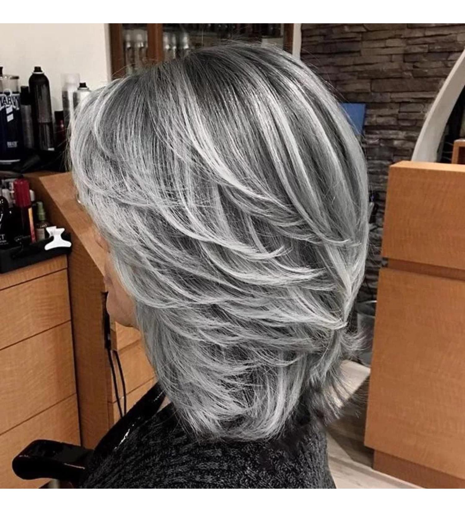 Jolelyne Silver Gray Ombre Layered Wig with Curtain Bangs - Synthetic Short Bob Wig for Black Women - Grey 02 - Buy Online on GoSupps.com