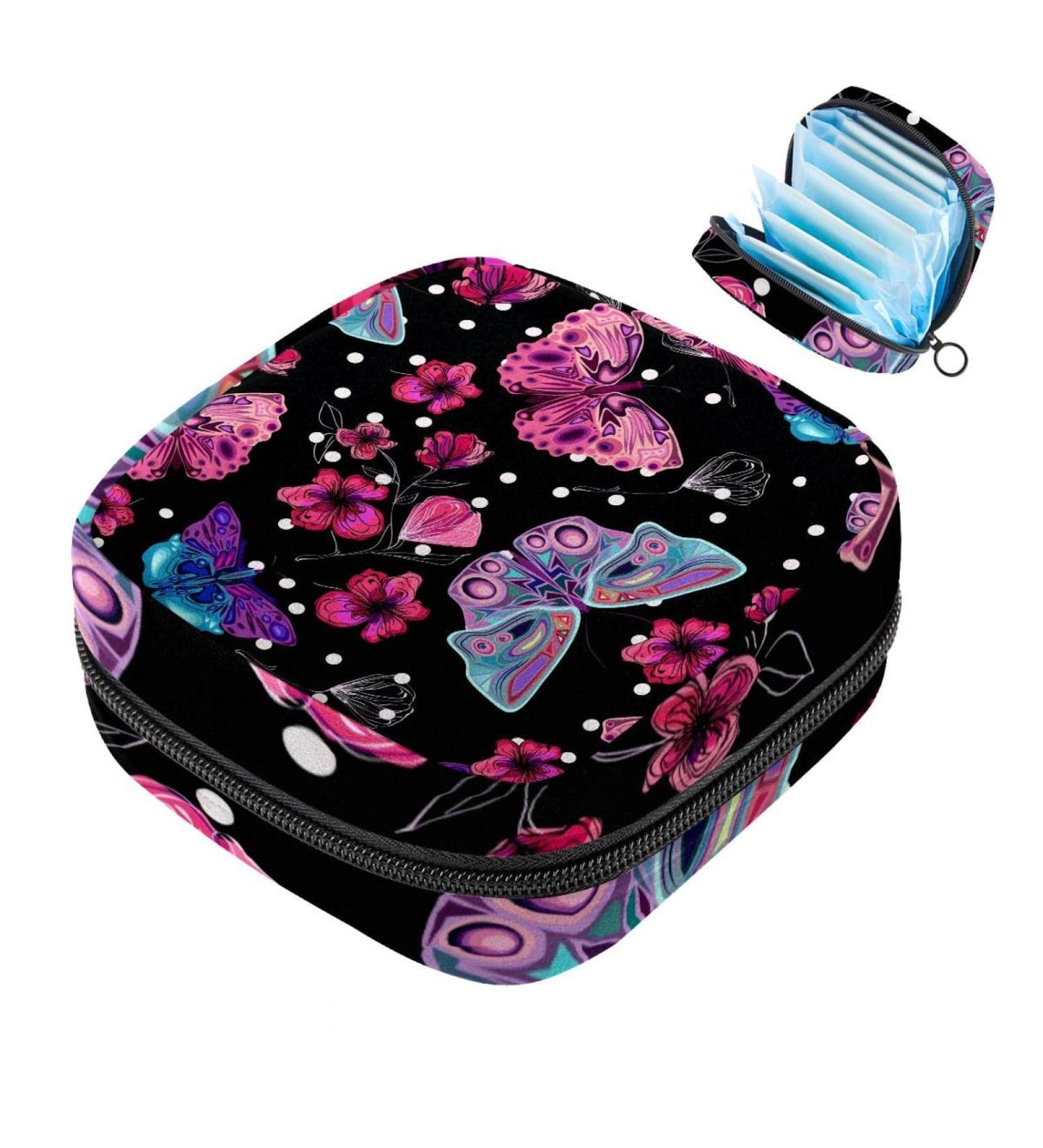 Colorful Pink Flower Butterflies Sanitary Napkin Storage Bag | Portable Menstrual Cup Pocket with Zipper for Women & Teen Girls - Buy Online on GoSupps.com