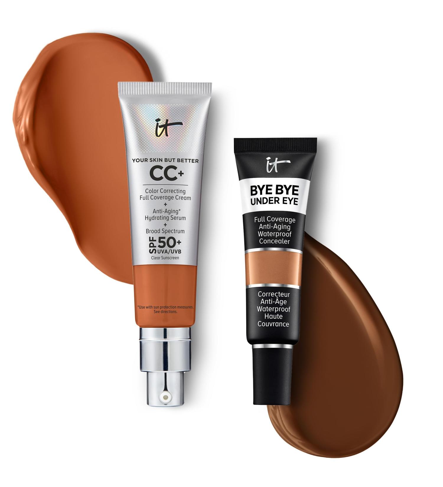 IT Cosmetics CC+ Cream with SPF 50+ Natural Finish Full Coverage Foundation (Rich Cool - 1.08 fl oz) & Bye Bye Undereye Concealer Anti-Aging Makeup (40.5 Deep - 0.4 fl oz) - Buy Online on GoSupps.com