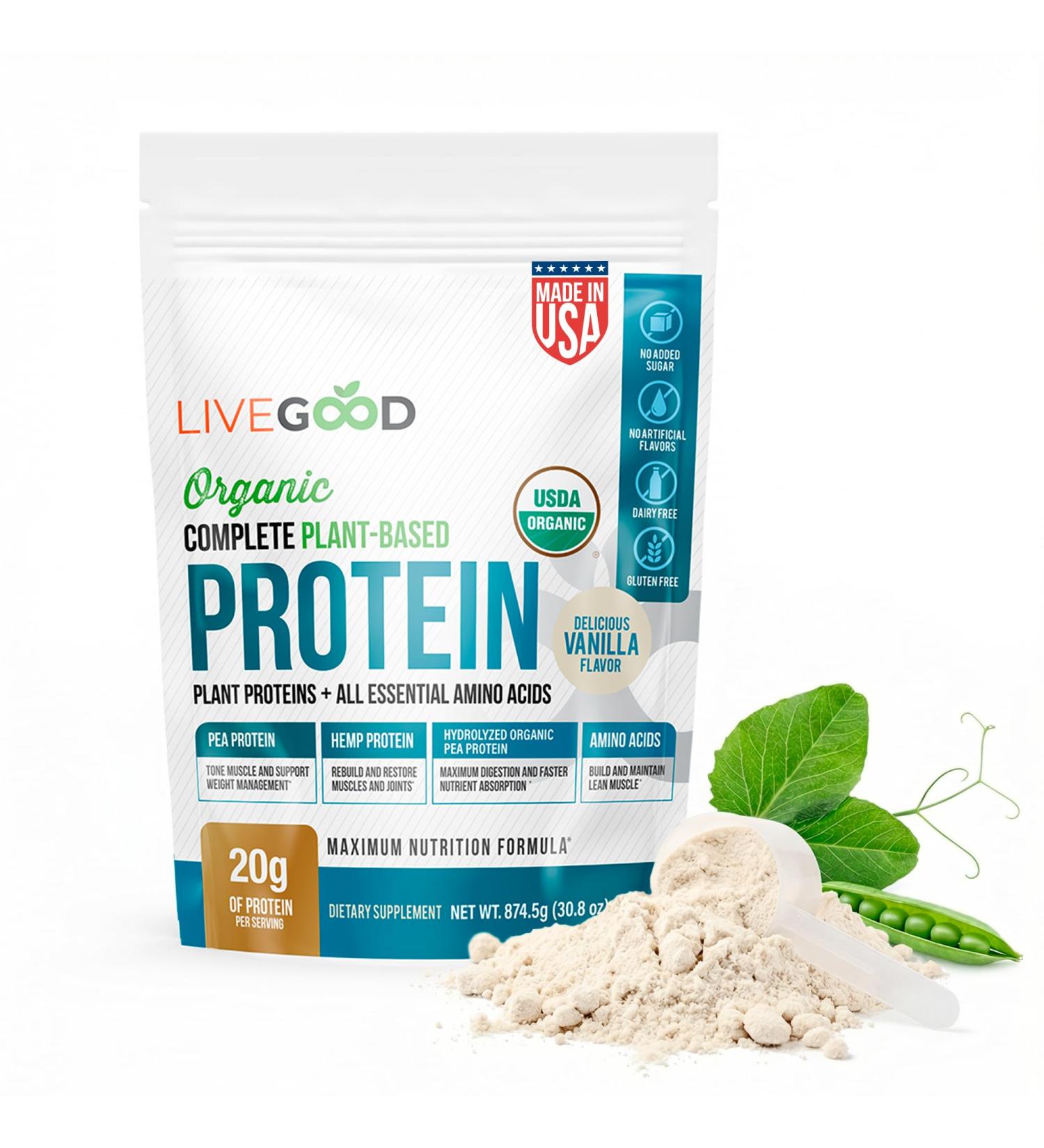 LIVEGOOD Complete Plant Based Protein Powder with Organic Pea Protein and Essential Amino Acids for Muscle Support Recovery Energy and Daily Nutrition Vanilla Protein Supplement (30 Servings) - Buy Online on GoSupps.com