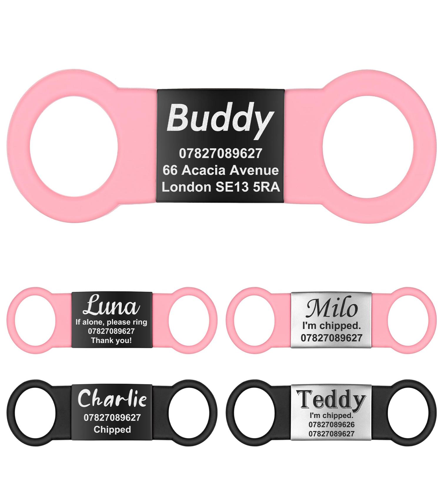 Personalized Gisurey Dog Brand Engraved Silent Slide-On Collars - Durable Stainless Steel Easy to Read Pink & Black | Custom Dog & Cat Neck Tags - Buy Online on GoSupps.com
