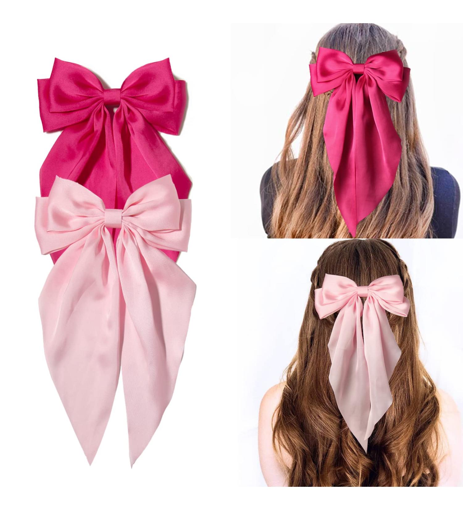 2pcs Large Satin Hair Bow Clips for Women & Girls | Neon Pink with Long Tails | Alligator Clips | Bridal Bachelorette Party Hair Accessories - Buy Online on GoSupps.com