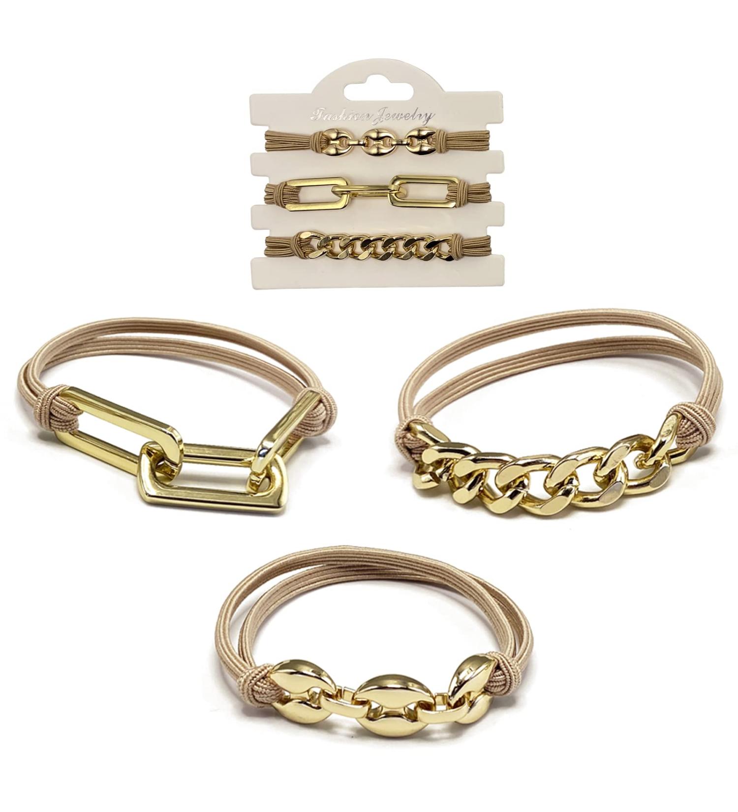 Gold Plated Ponytail Holders Scrunchies - Soft Elastic Hair Ties Bracelet - Trendy Hair Accessories for Women in Khaki - Buy Online on GoSupps.com