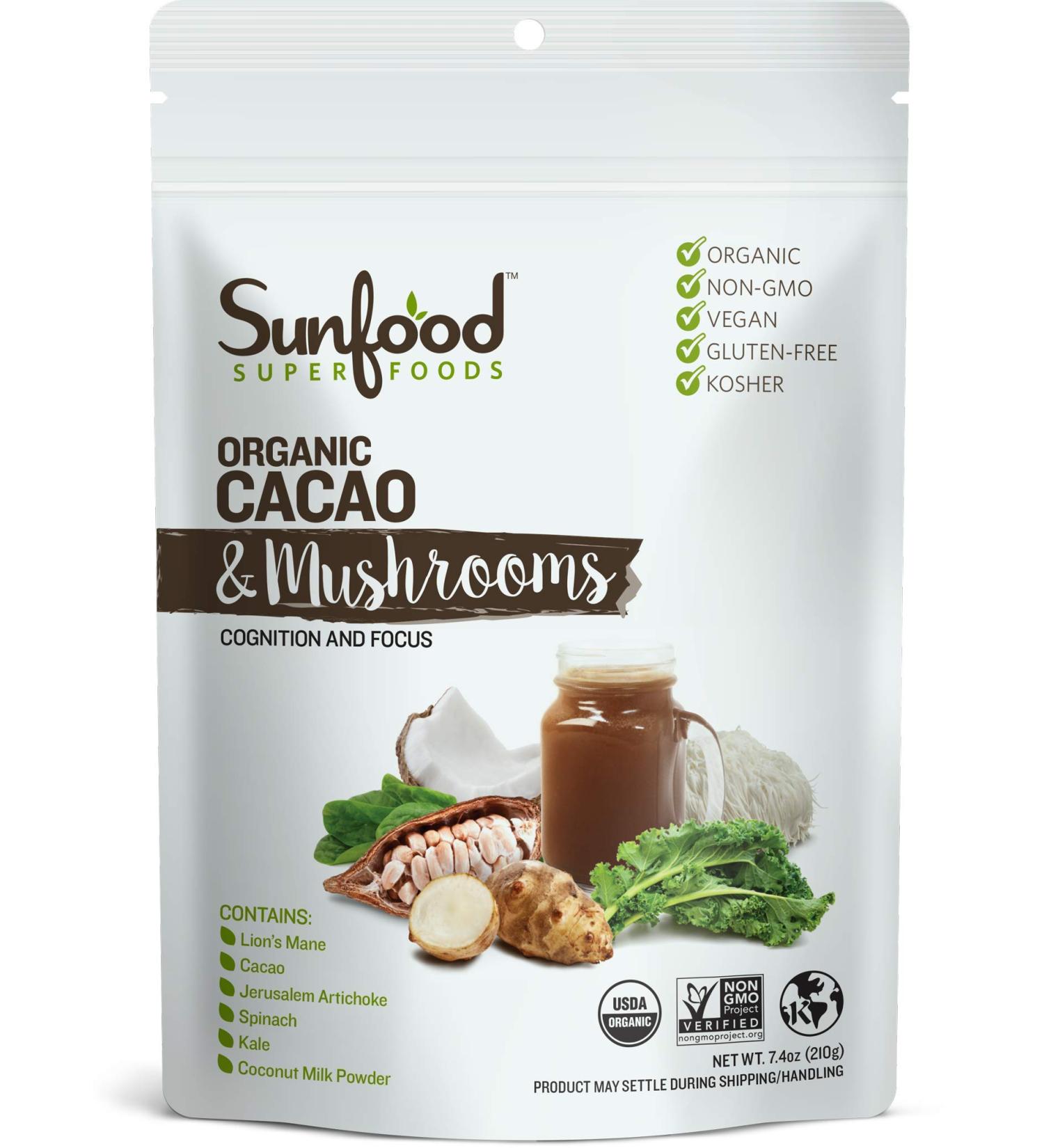 Organic Cacao & Mushrooms - Sunfood Superfoods 7.4 oz | Nutrient-Dense Superfood Blend - Buy Online on GoSupps.com