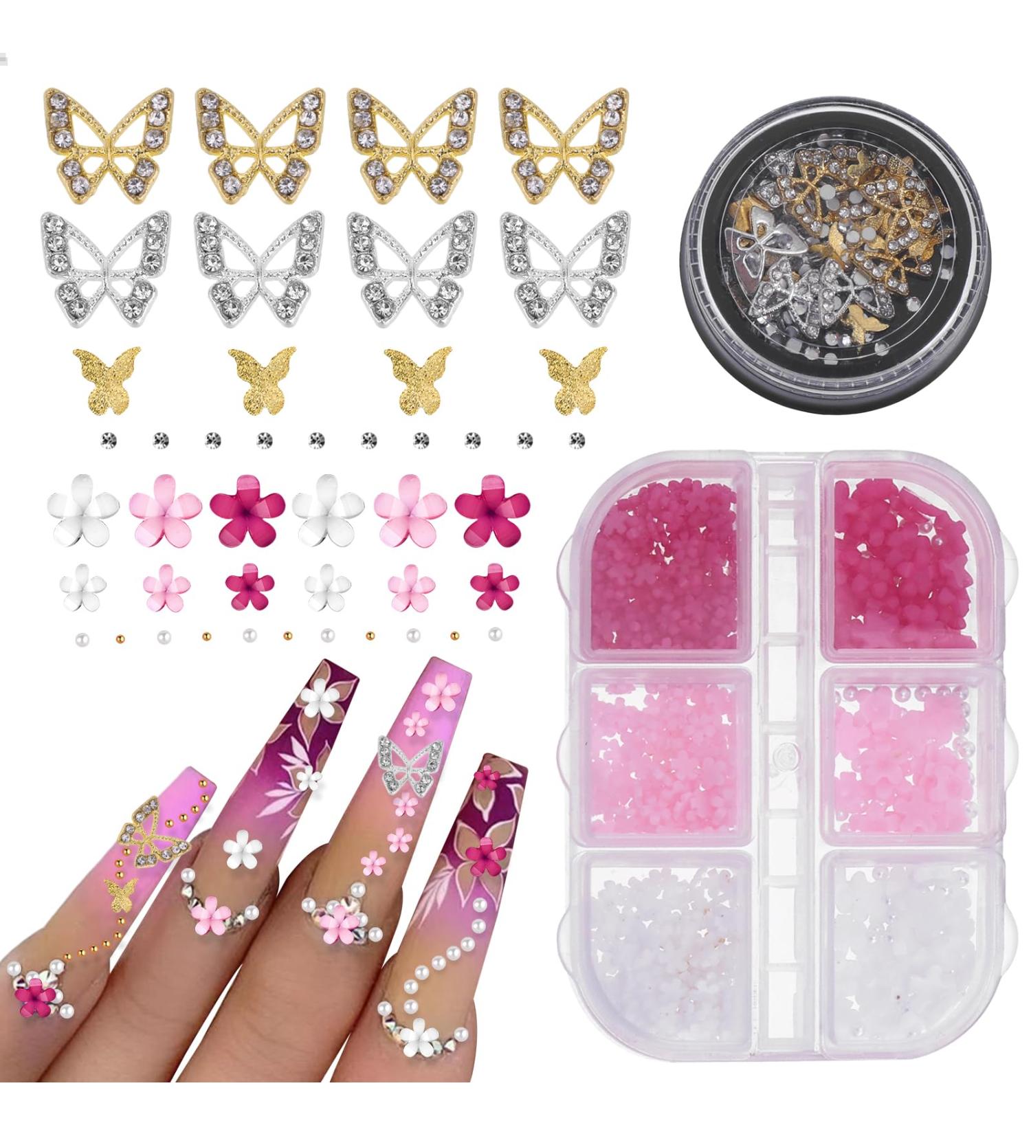3D Flower Nail Charms 2 Boxes 3D Acrylic Flower Nail Art Metal Butterfly Nail Charms With Nail Gems Half Round Pearls Manicure Y2k Nail Art Accessories for Women Girls - Buy Online on GoSupps.com