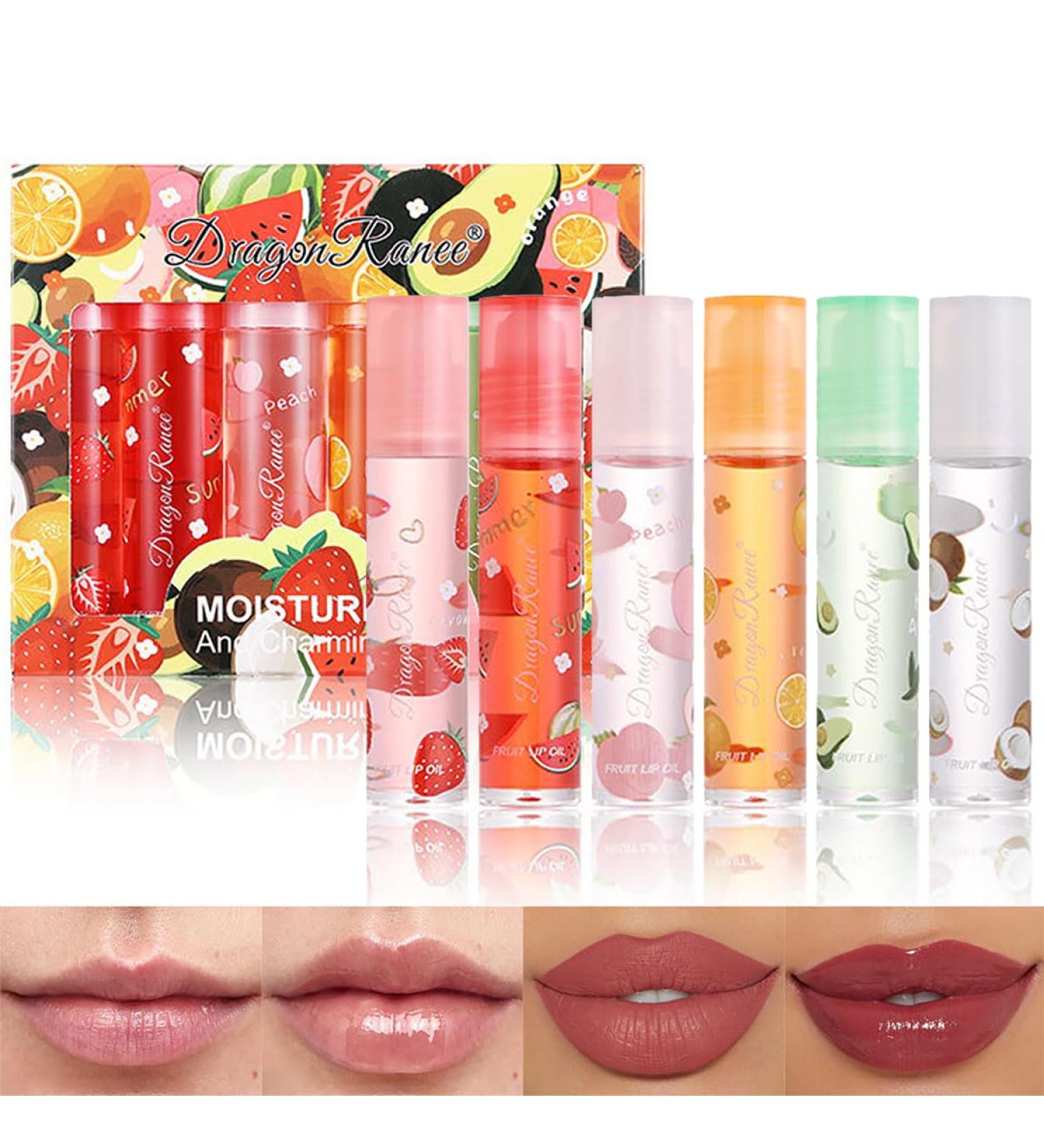 6 Pcs Fruit Roll-on Lip Gloss Set | Clear Jelly Lipstick | Plumping Hydrating Lip Oil | Perfect Gift for Women & Girls - Buy Online on GoSupps.com