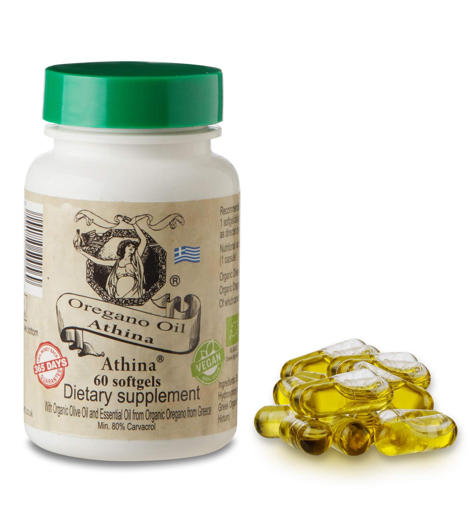 Athina Pure Wild Oregano Oil Capsules - Natural Remedy for Gut Health & Infections | Vegan Greek Formula with Carvacrol, Essential Oregano Oil & Olive Oil | 60 Capsules - Buy Online on GoSupps.com