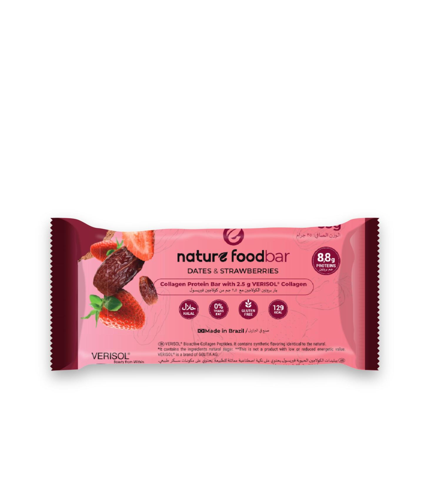 Buy Nature Foodbar Date & Strawberry Protein Bars - 12 Units 35g | Halal Gluten-Free 8.8g Protein 2.5g Collagen 0% Trans Fat | Healthy Snack Online - Buy Online on GoSupps.com