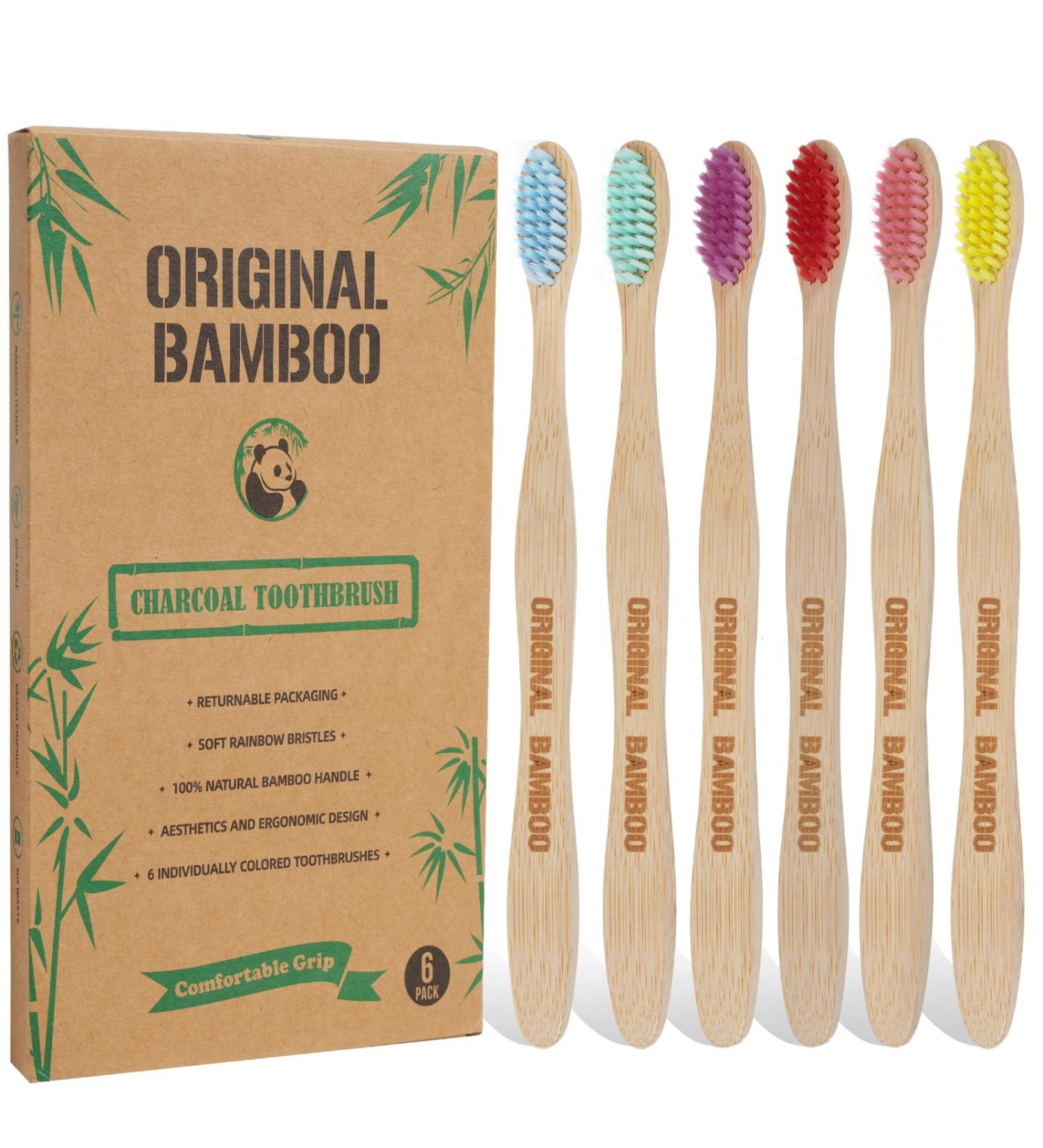 BPA Free Bamboo Charcoal Toothbrushes - Eco-Friendly 6 Pack | Biodegradable Soft Bristles for Dental Hygiene & Gum Care - Buy Online on GoSupps.com