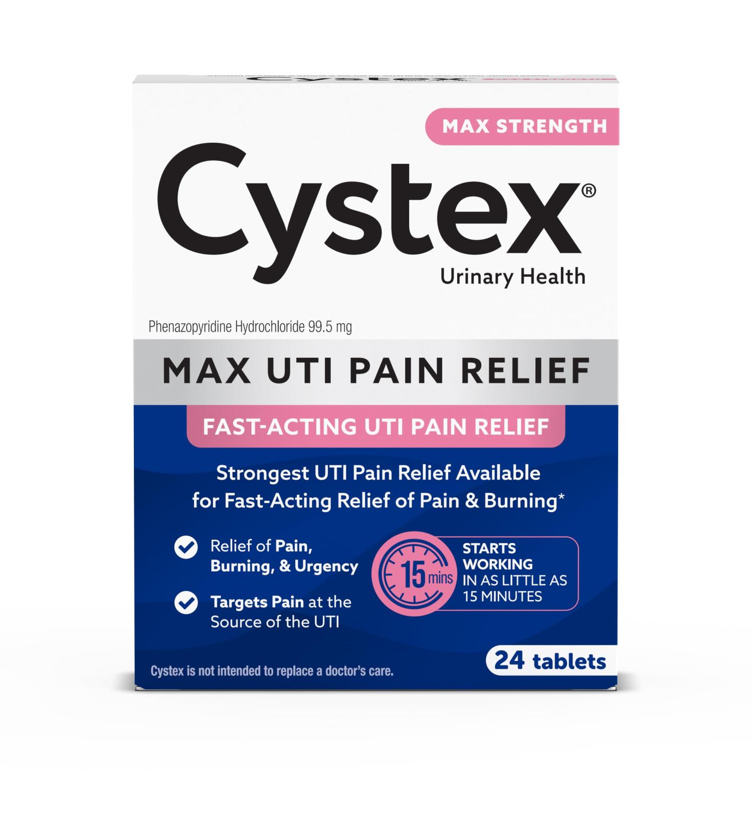 Cystex Maximum-Strength UTI Pain Relief Tablets - 99.5 mg Phenazopyridine HCl for Fast Relief of Burning & Bladder Discomfort - 24-Count - Buy Online on GoSupps.com