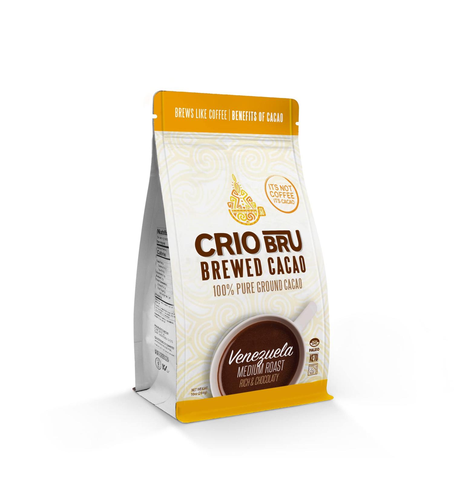 Crio Bru Brewed Cacao: Venezuela Medium Roast (Maracaibo) 284g (10oz) Bag | 100% Pure Ground Cacao | Great Substitute to Herbal Tea and Coffee | Honest Energy | Keto Whole 30 Paleo Organic Non-GMO
