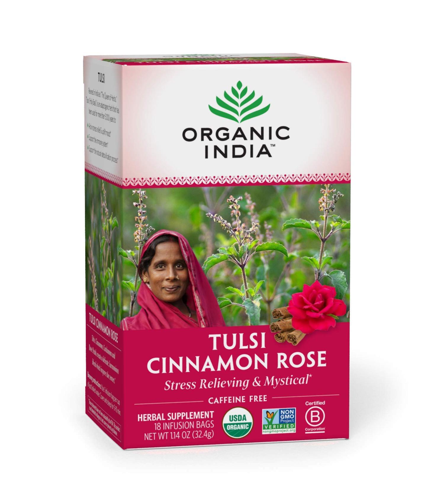 Organic India Tulsi Cinnamon Rose Herbal Tea - Stress Relief & Immune Support, Gluten-Free, USDA Organic - 18 Caffeine-Free Infusion Bags - Buy Online on GoSupps.com
