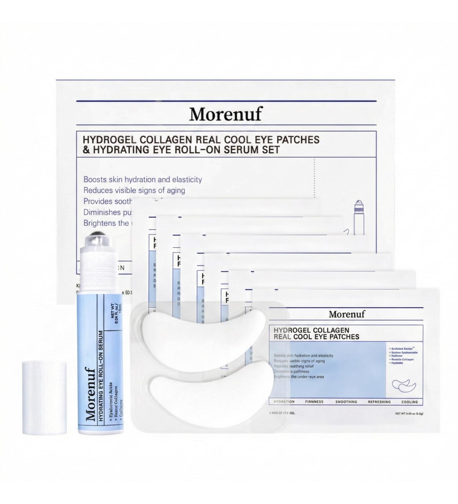 MORENUF Hydrogel Collagen Real Cool 6 Pairs of Eye Patches & Hydrating Roll-On Serum Set for Dark Circles and Puffiness - Hyaluronic Acid and Caffeine Eye Serum Korean - Buy Online on GoSupps.com