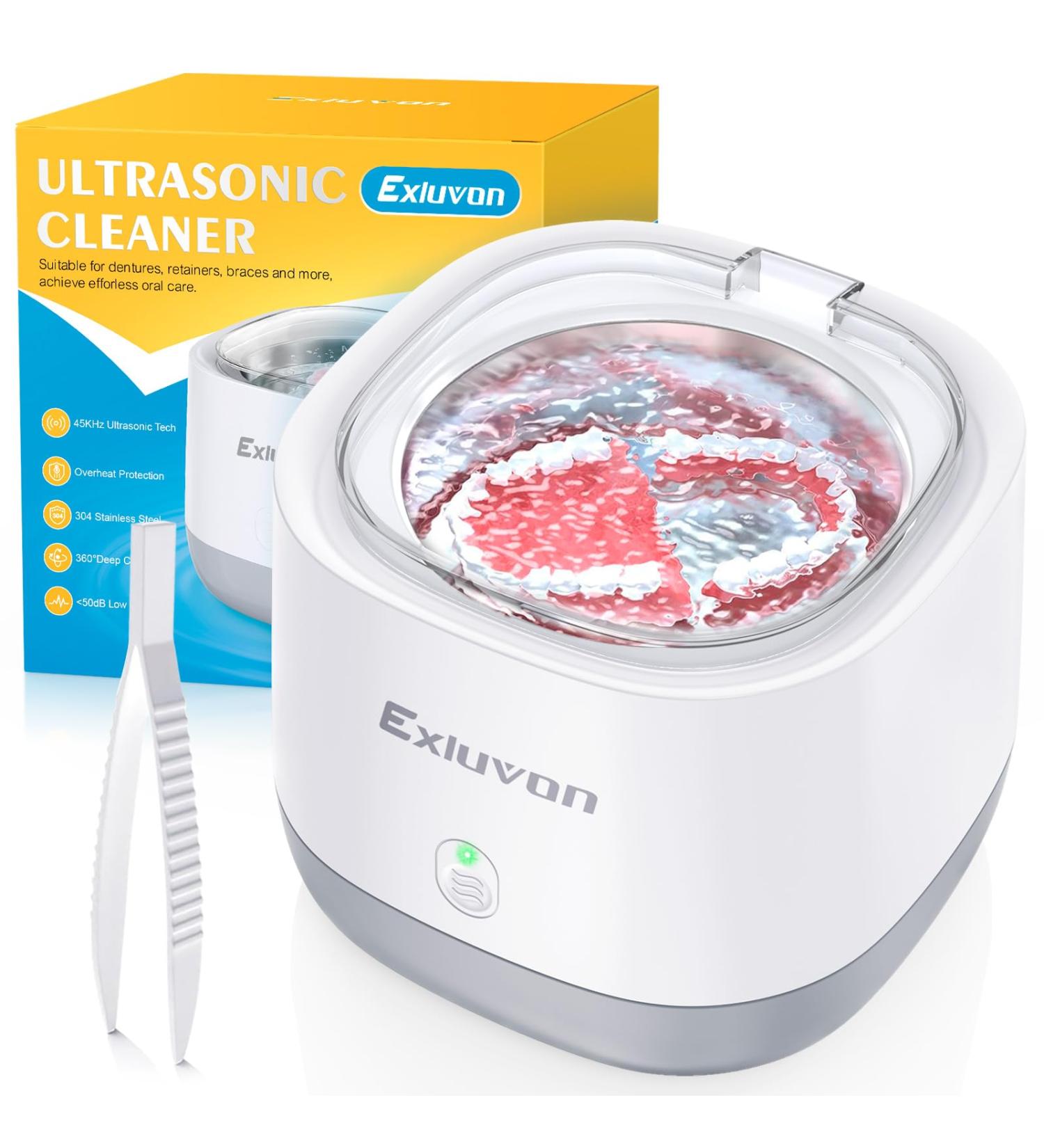 Exluvon 45kHz Ultrasonic Retainer Cleaner: Dental Machine for Dentures, Retainer, Aligner, Mouthguard, Invisalign, Whitening Trays & Jewelry - 250ML - Buy Online on GoSupps.com