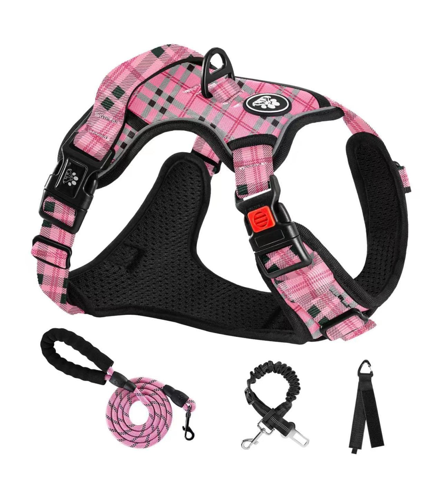 Nestrooad Checked Pink Dog Harness for Medium-Sized Dogs | Anti-Draw Padded Safety Belt | Neck 33-43cm Chest 43-64cm - Buy Online on GoSupps.com